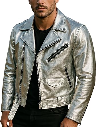 LP-FACON Mens Silver Foiled Metallic Punk Brando Motorcycle Jacket