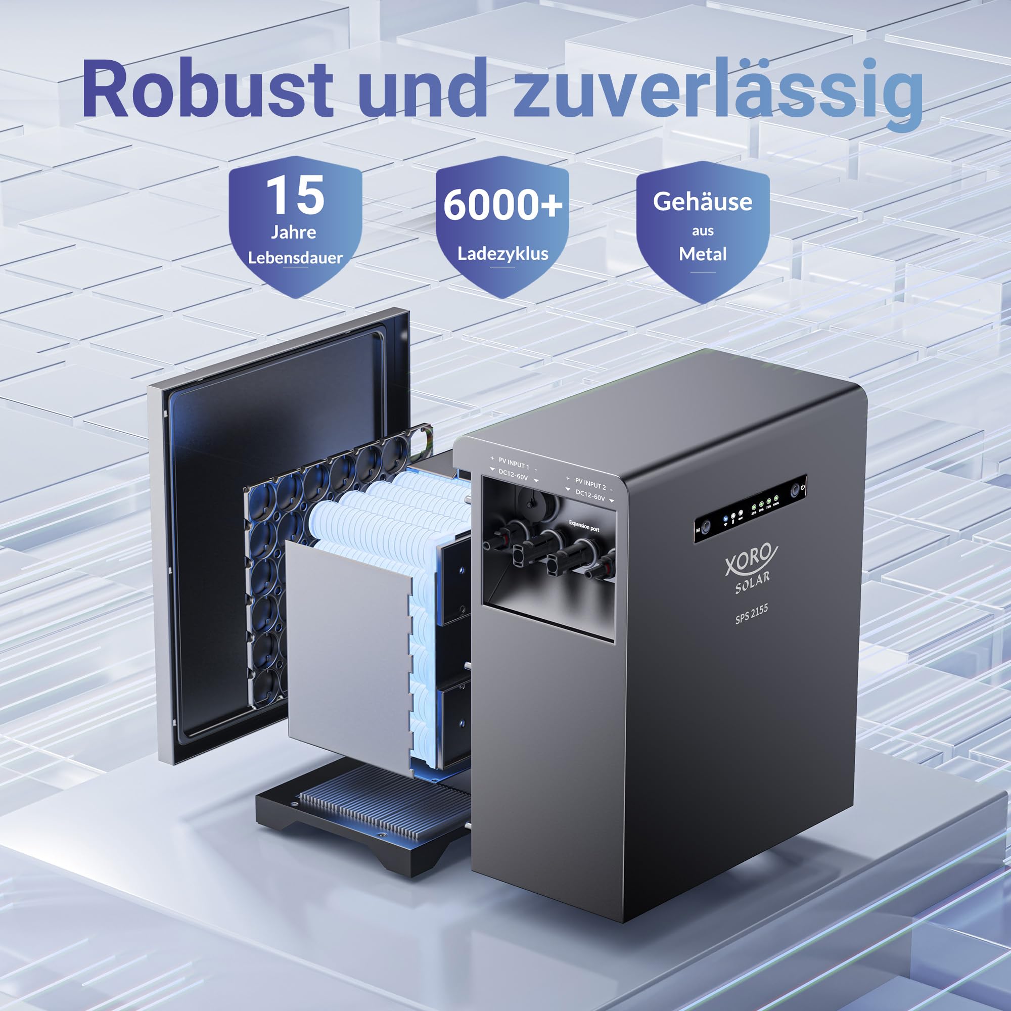 SPS 2155 Solarspeicher - Balkonkraftwerkspeicher mit 2 kWh LiFePO4 Akku, Dual MPPT 2x800W Eingang, 800W Ausgang für den Innen- und Außenbereich IP65, Plug & Play