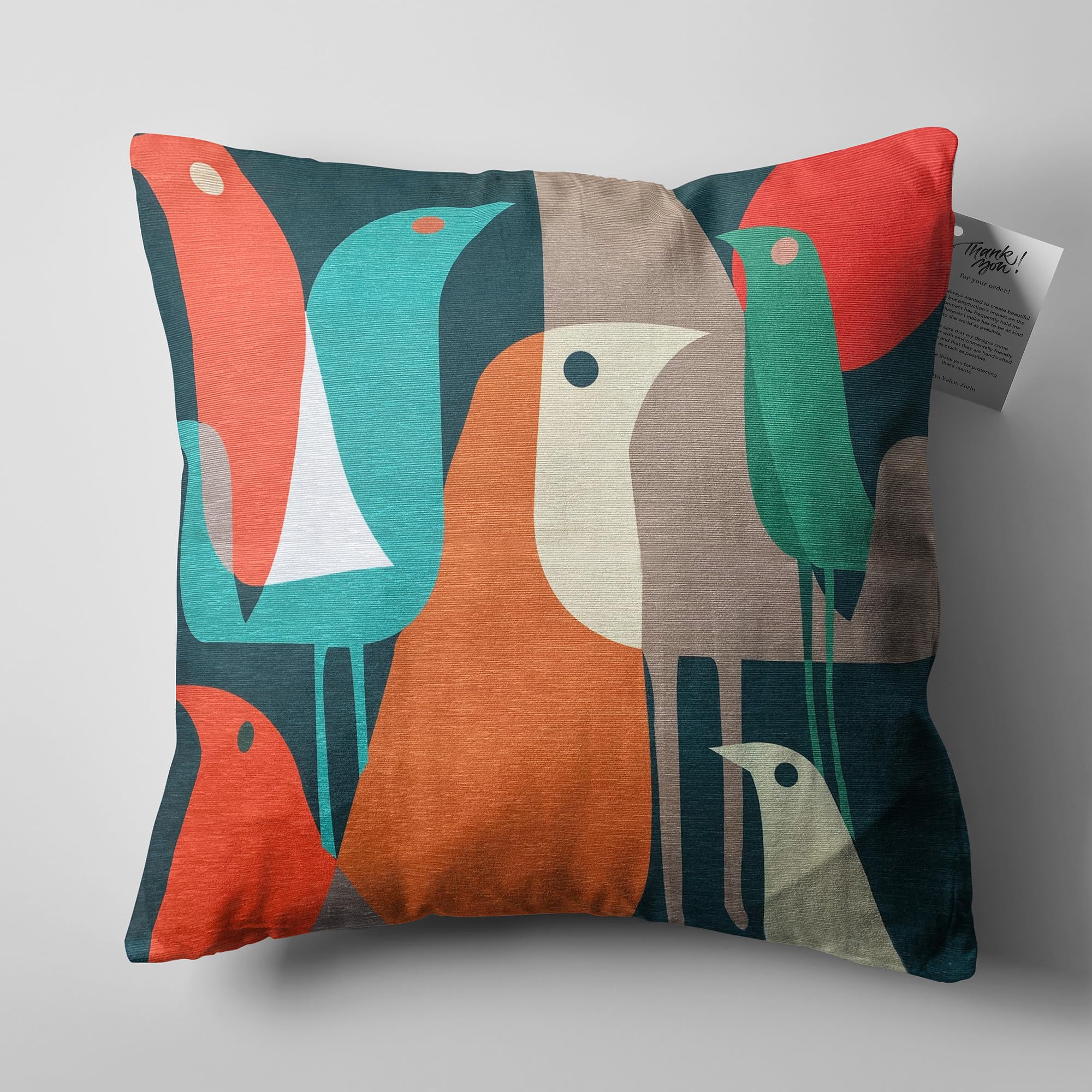 OyzShop Abstract Birds Themed Pillow Cover with Multicoloured on Green Background, Double Sided on the Soft Velvet Fabric with Multi Sizes, OEKO-TEX 55x55cm (22x22 Inches)
