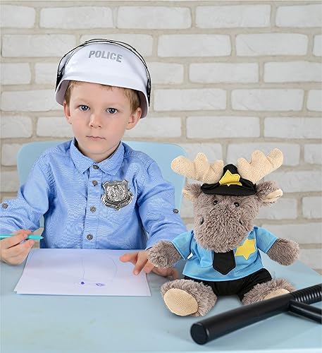Miniatura 7 de DolliBu Alce sentado con suéter gris con capucha oficial de policía de peluche Suave alce policía de peluche con lindo uniforme de policía y traje
