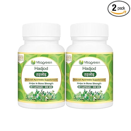 HADJOD 500 mg, Pack Of 60 Capsules For Bone Health, 100% Natural, Ayurveda Herb, Health, Dietary, Herbal, Nutrition Supplements (Pack of 2)