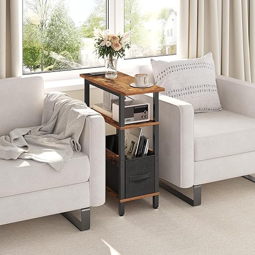 Miniatura 3 de Mesa auxiliar estrecha con estación de carga, mesa auxiliar delgada con almacenamiento de tela, mesita de noche delgada para espacios pequeños,