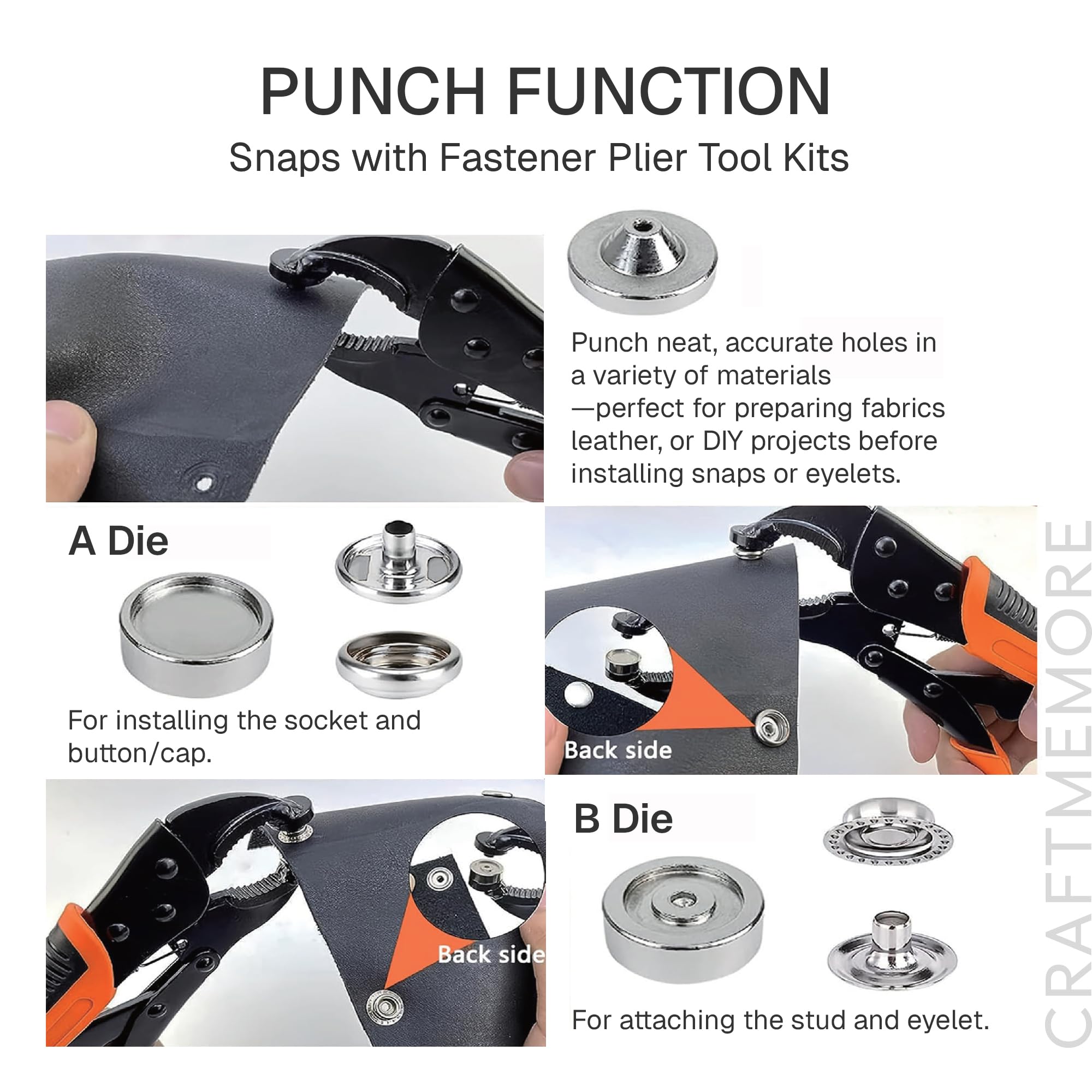 CRAFTMEMORE Kit de cierre a presión resistente, herramienta ajustable con 40 juegos de broches de metal, herramienta de instalación para cubiertas de barco, lienzo, lonas