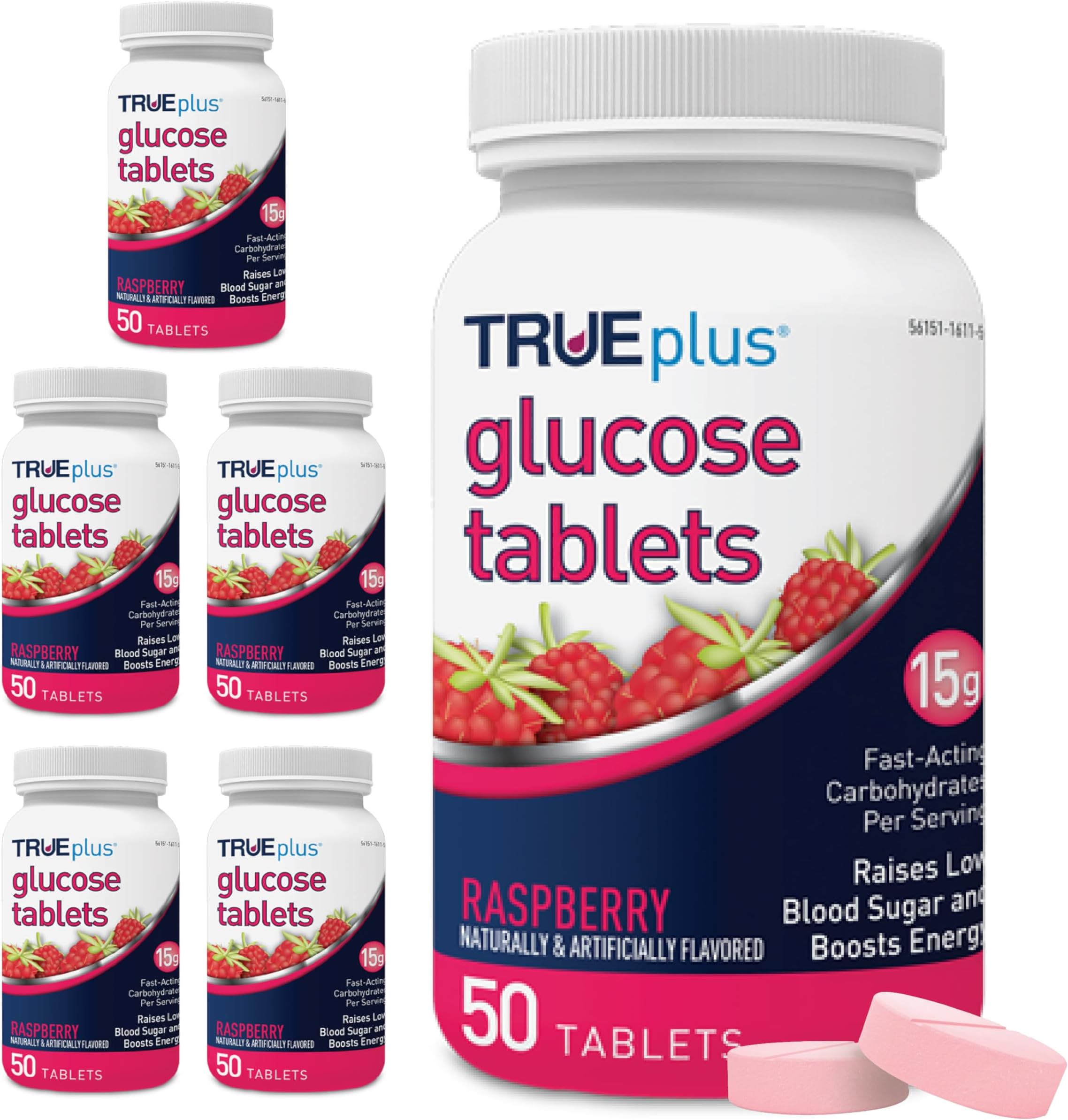 Glucose Tablets, Chewable, Raspberry Flavor, 15g Fast-Acting Carbohydrates, Fat Free, Gluten Free, Raise Low Blood Sugar and Boost Energy, 50 Count, 6 Bottles