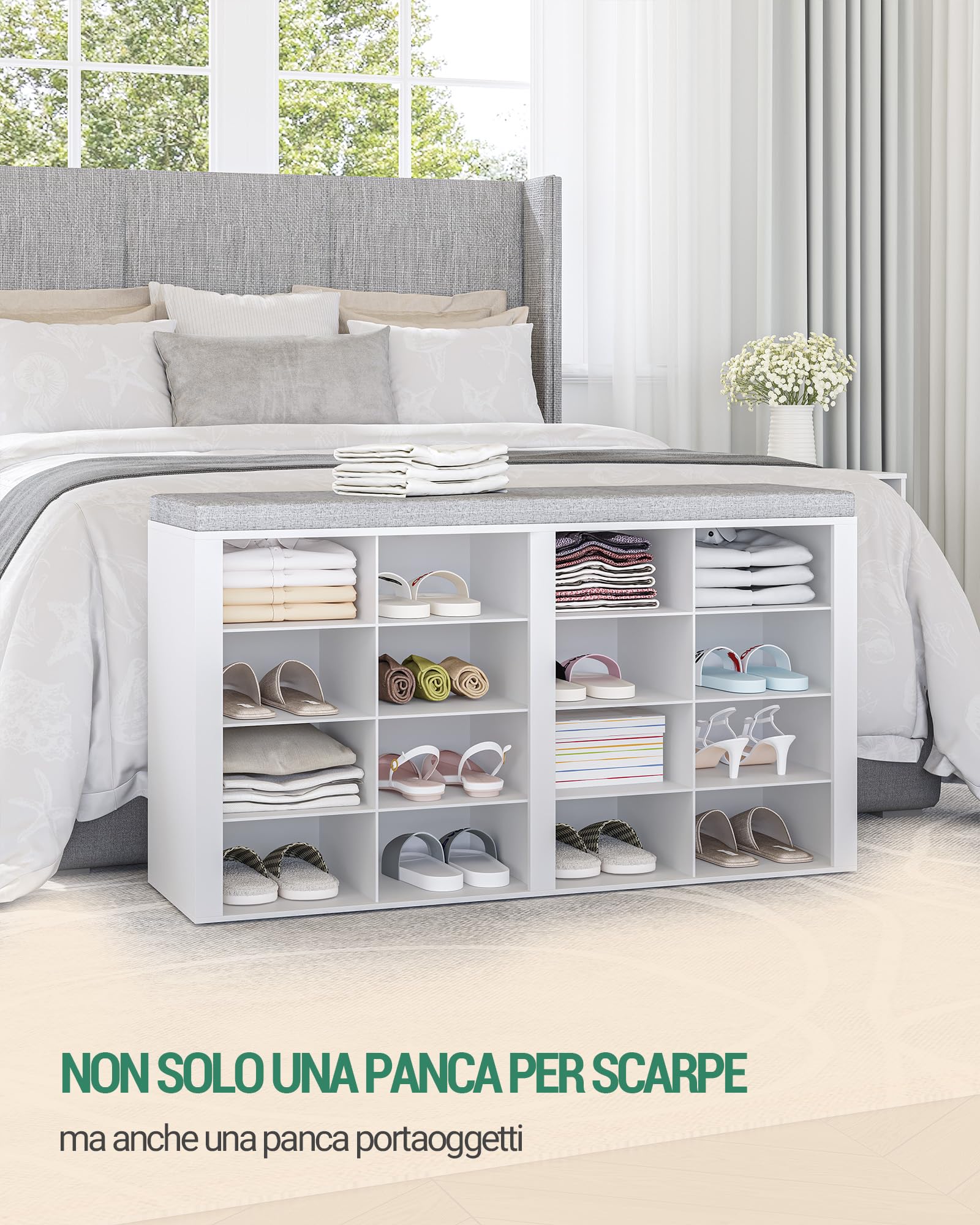 Hzuaneri Panca Scarpiera, Scarpiera con Sedile, 16 Scomparti, Organizzatore Portaoggetti, 30 x 104 x 59 cm, per Ingresso, Bianco SB25603GY