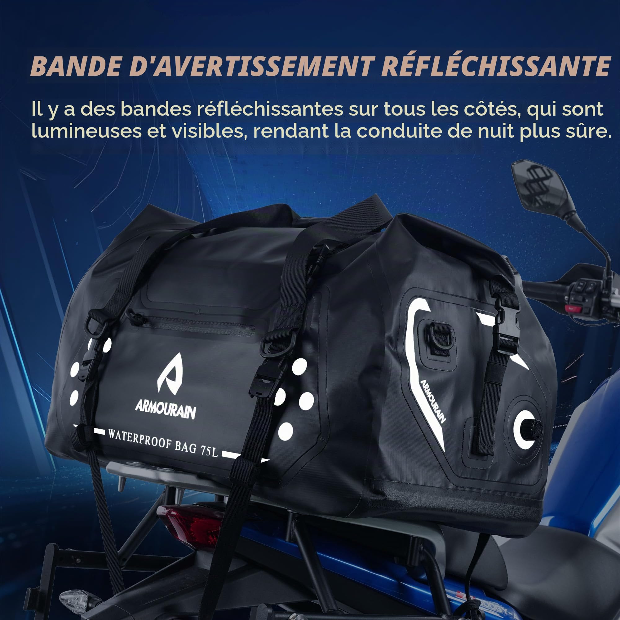 Sac Sec Moto 75L Grand Sac Polochon étanche Sec de Siège de Coffre Pliable pour Voyage, Canotage, Moto, Kayak (Noir)