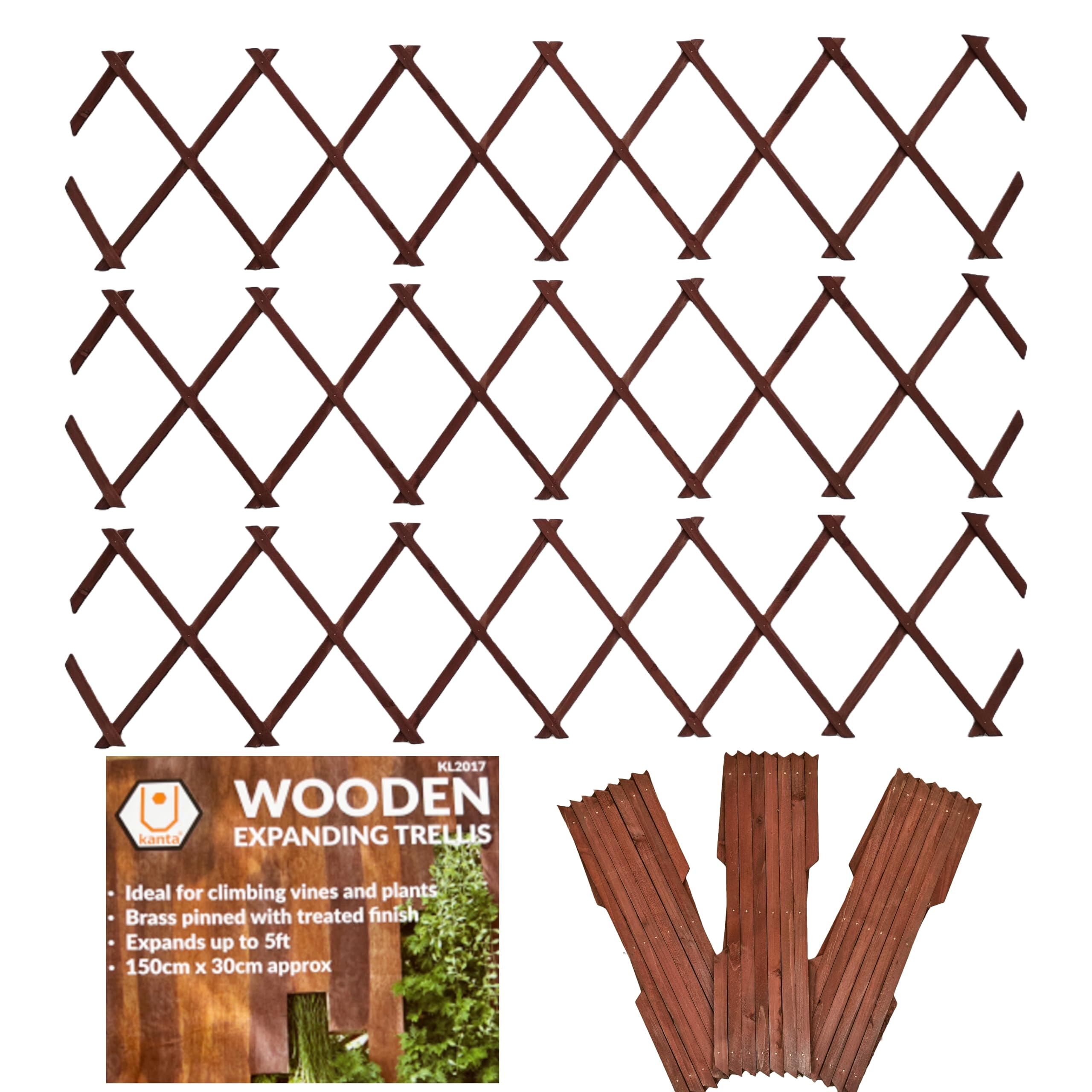 3 graticci espandibili da giardino in legno color marrone scuro, ogni pezzo si espande fino a 150 x 30 cm