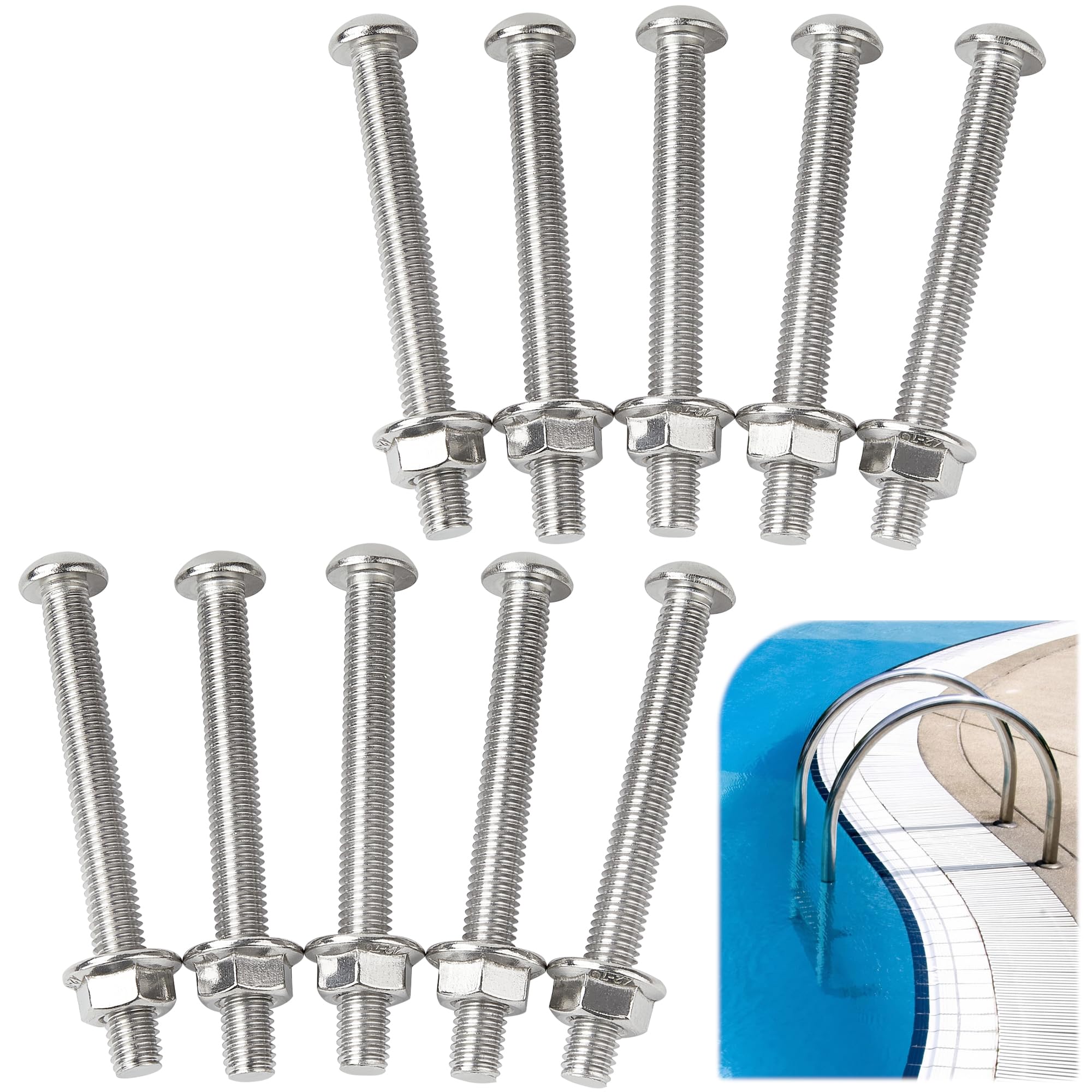 Omoojee 10 Packs Stainless Steel Swimming Pool Ladder Bolts and Nuts, Bolt and Nut Kit for Swimming Pool, Swimming Pool Ladder Steps Screws