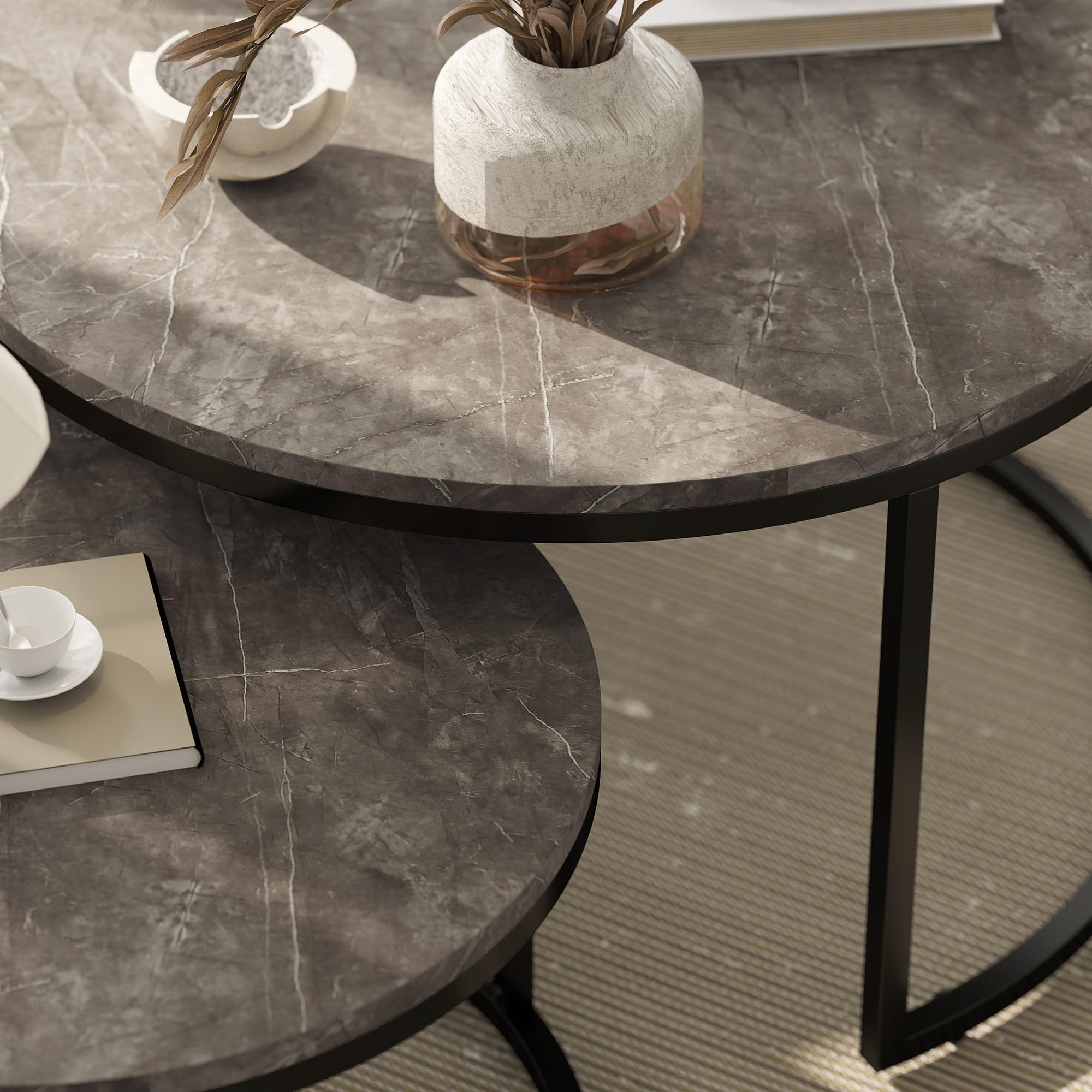 HOMCOM Lot de 2 Tables Basses gigognes, Table Basse Ronde, empilable, Design Industriel, Pieds en métal, Gris