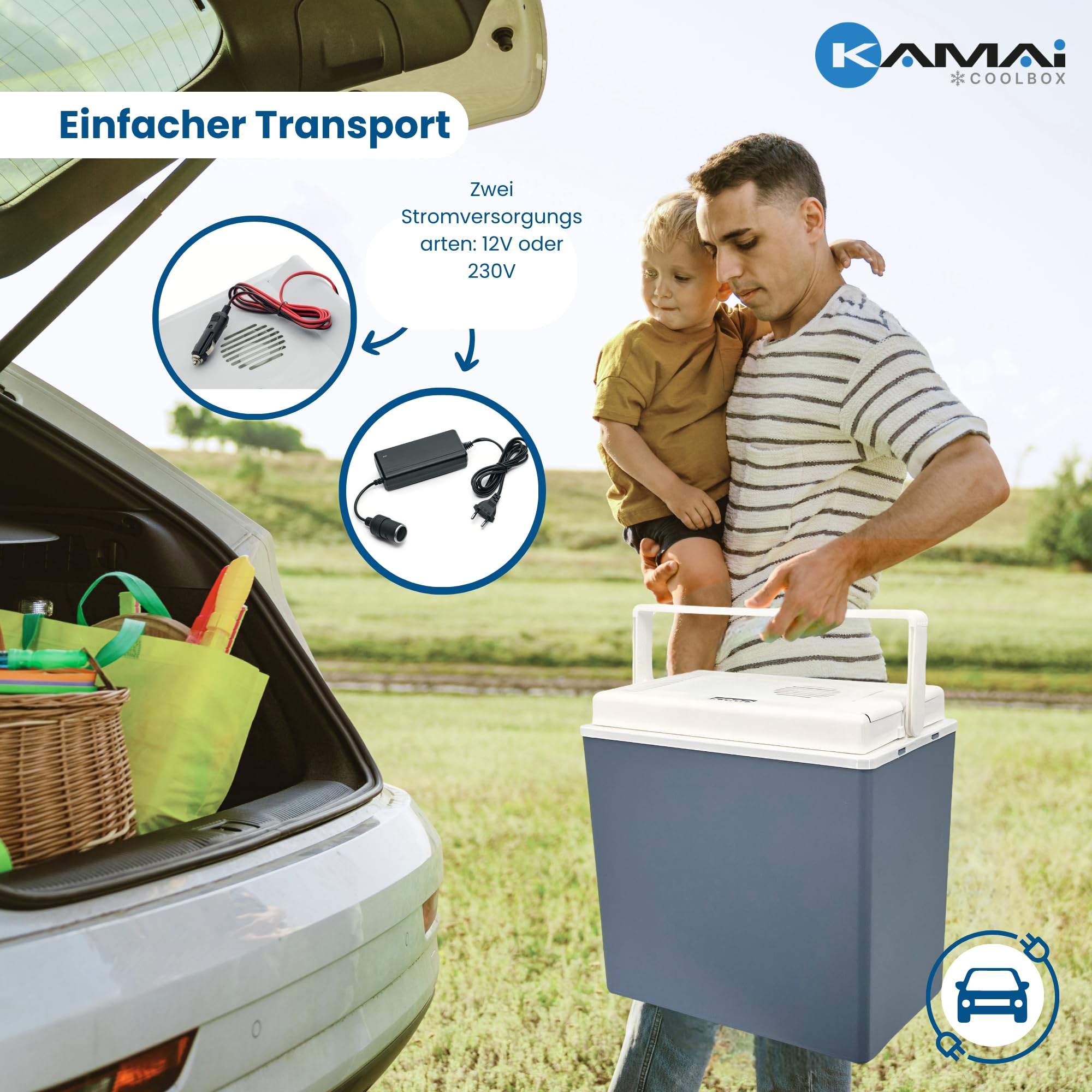 Elektrische Kühlbox 24L – Thermobox, Eisbox, Camping Kühlschrank, Kühltruhe, 12V/230V für Auto, Steckdose, Wohnmobil, tragbar, leise, kühlt & wärmt, für Reisen & Picknick, Made in EU - Kamai Coolbox