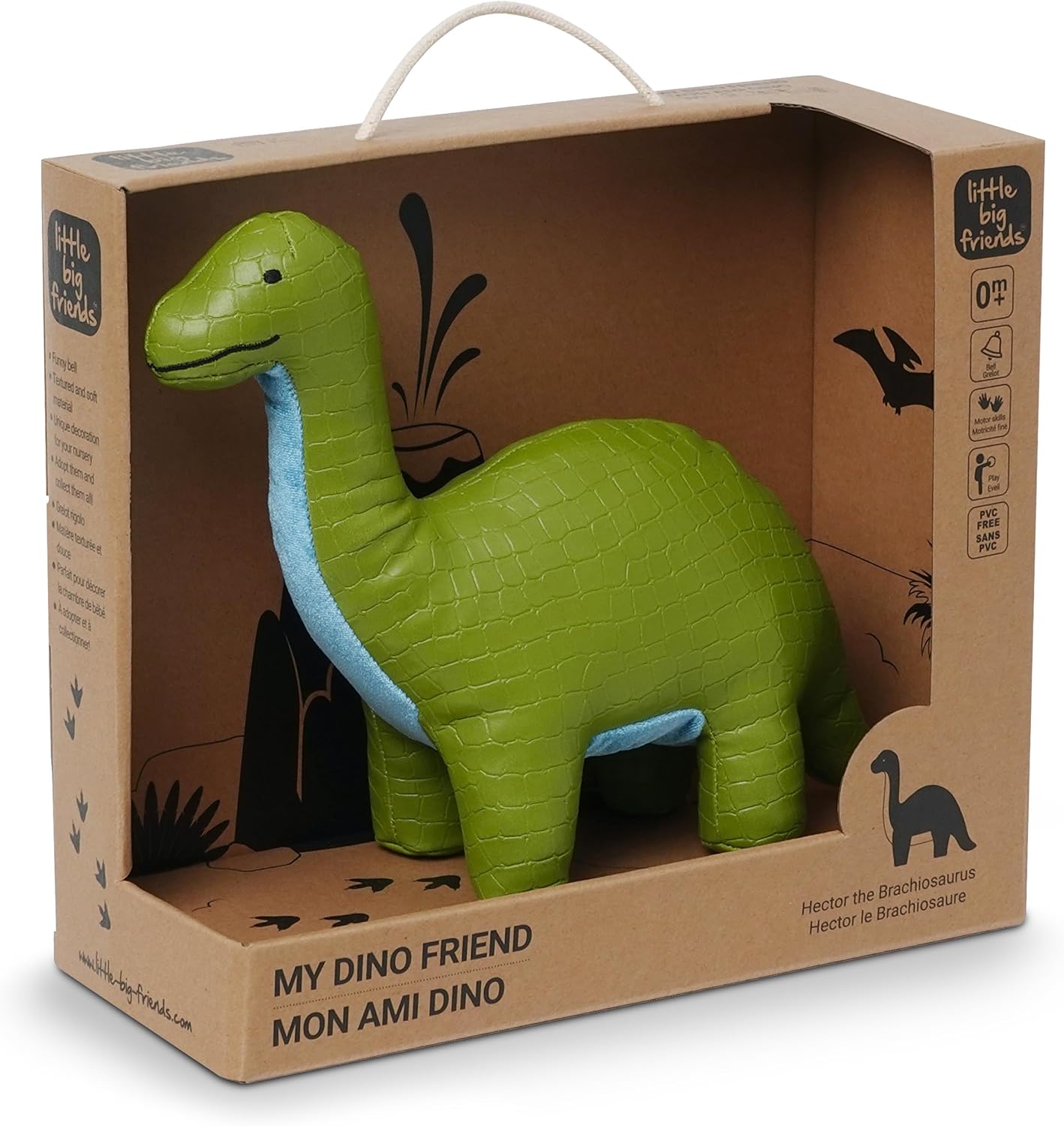 Little Big Friends Dino Friends | Stimulate The Senses with Colors, Textures & a Tinkling Bell | Vegan Leather | Easy to Clean | Hector The Brachiosaurus