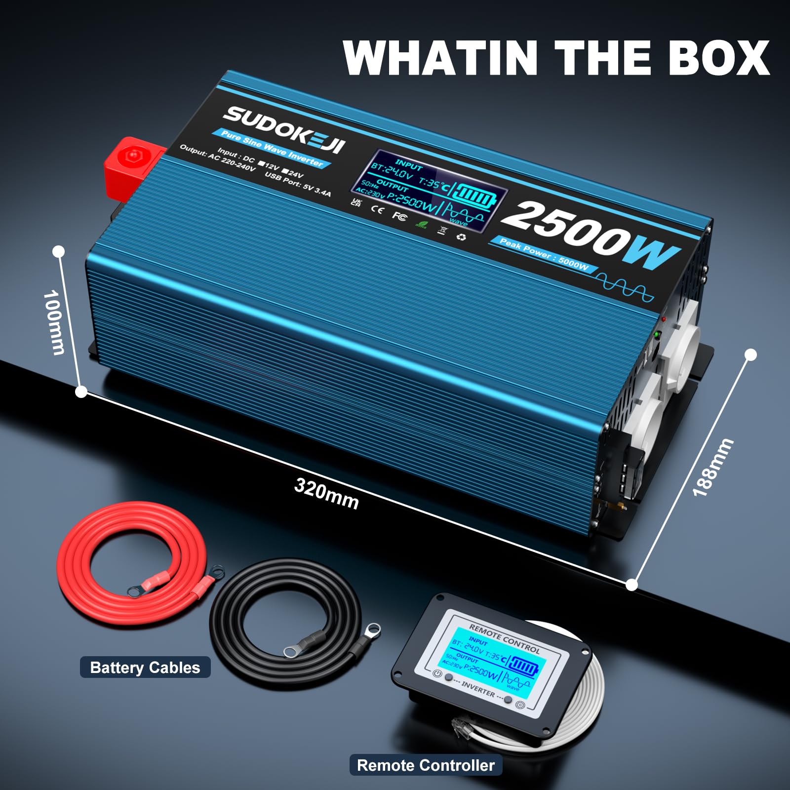 Wechselrichter 24V auf 230V Reiner Sinus 2500W Spannungswandler mit LCD-Bildschirm-Fernbedienung 2 EU-Steckdosen & 2 USB-Anschluss für Wohnwagen, Boot, Camping