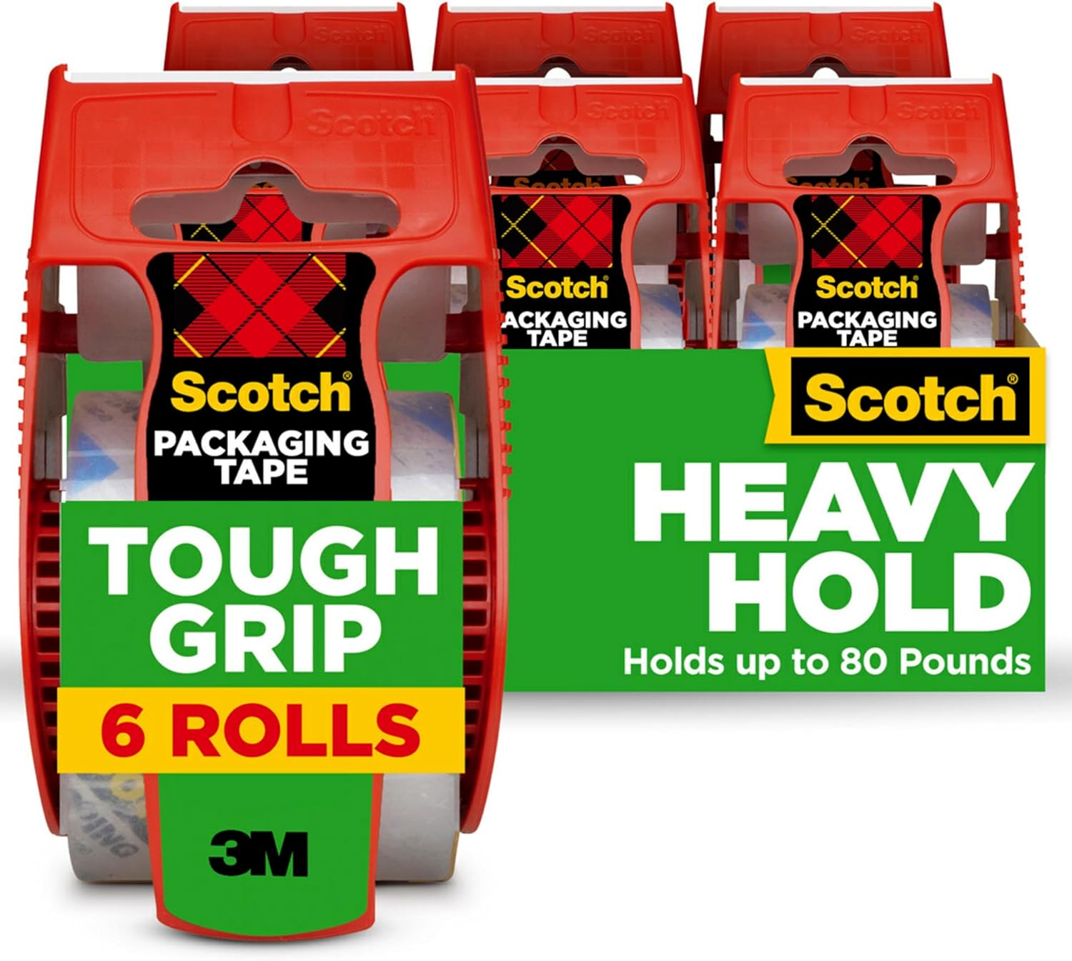 Scotch Tough Grip Packing Tape, Clear, Moving Tape That Secures Boxes up to 80 Pounds, Holiday Shipping Tape for Large Boxes, 1.88 in. x 22.2 yd., 6 Tape Rolls with Dispensers Scotch Tough Grip Packing Tape, Clear, Moving Tape That Secures Boxes up to 80 Pounds, Holiday Shipping Tape for Large Boxes, 1.88 in. x 22.2 yd., 6 Tape Rolls with Dispensers