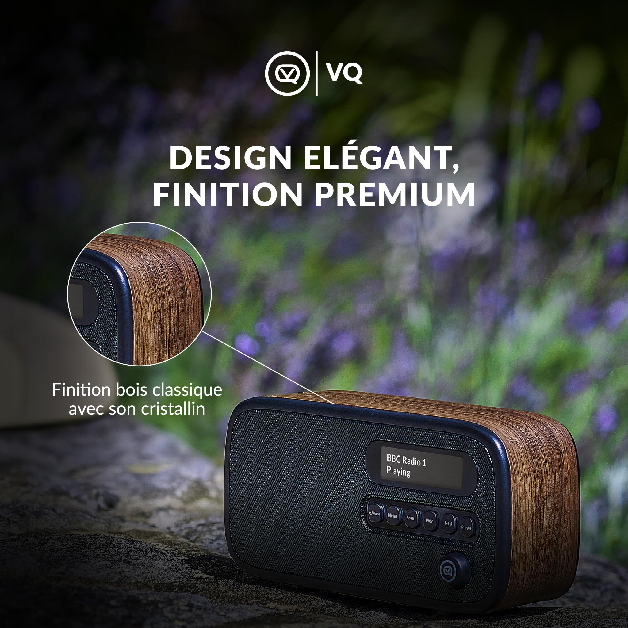 VQ Dexter Radio Dab Plus/Dab avec FM, Haut-parleurs Stéréo 3W et Écran LCD - Alimentée par Secteur et Batterie Radio Portable avec 60 Présélections, Antenne et Prise Casque - Noyer