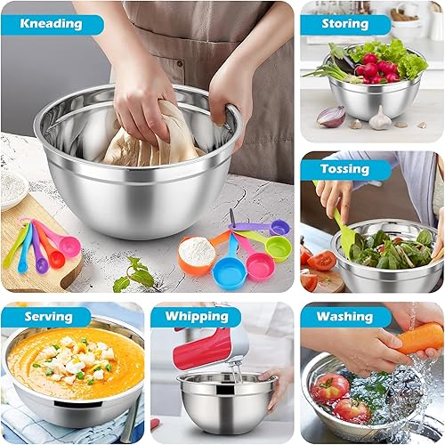 Miniatura 4 de TeamFar Juego de 7 cuencos para mezclar con tapas, de acero inoxidable, con 16 utensilios de cocina para preparar y servir, 7, 4.5, 3, 2.5, 1.5,