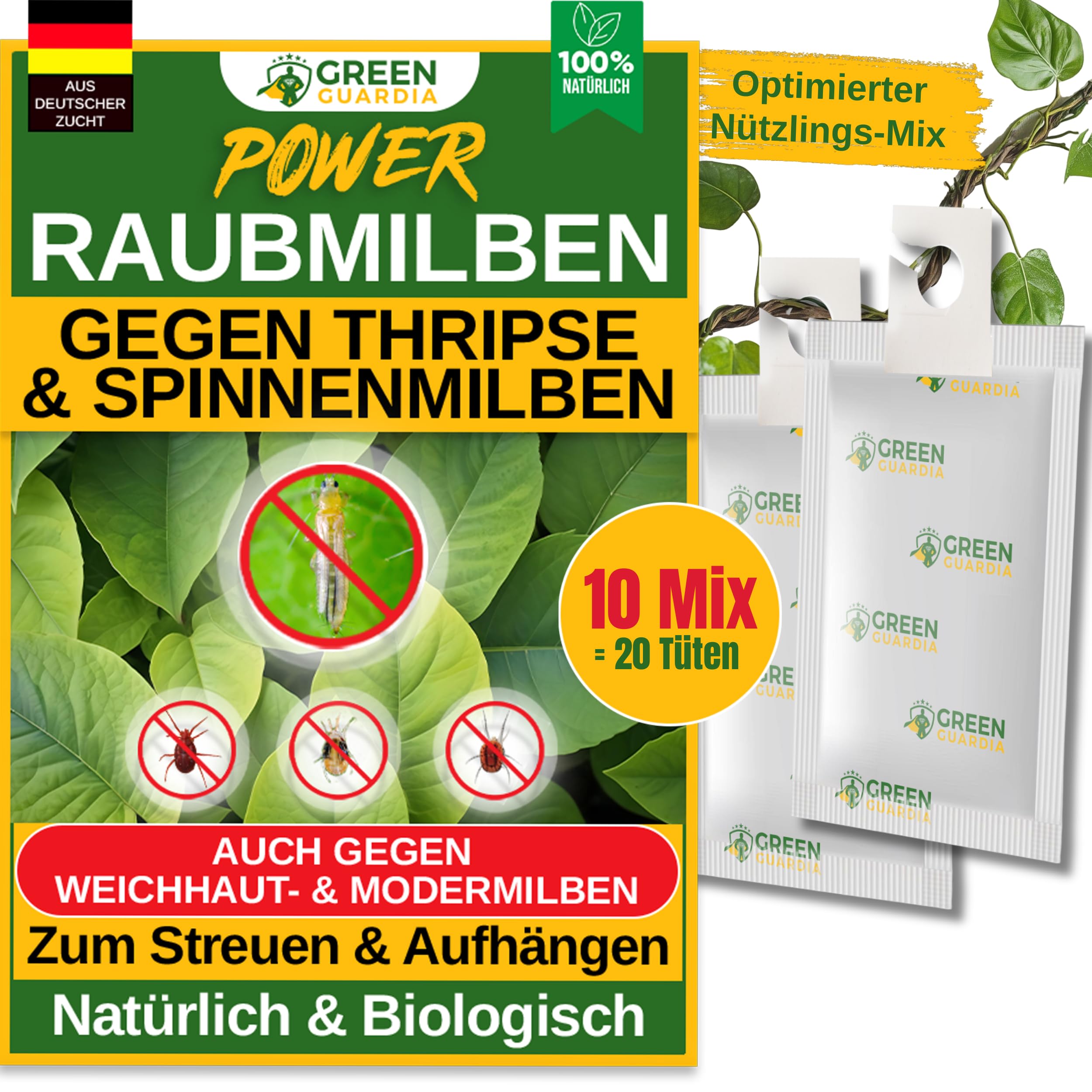 GREEN GUARDIA Power Raubmilben Mix gegen Thripse & Spinnmilben– 10 Mix mit 20 Tüten - Biologisches Mittel zur effektiven Thripse Bekämpfung–Umweltfreundlich, chemiefreie Mittel,einfache Anwendung