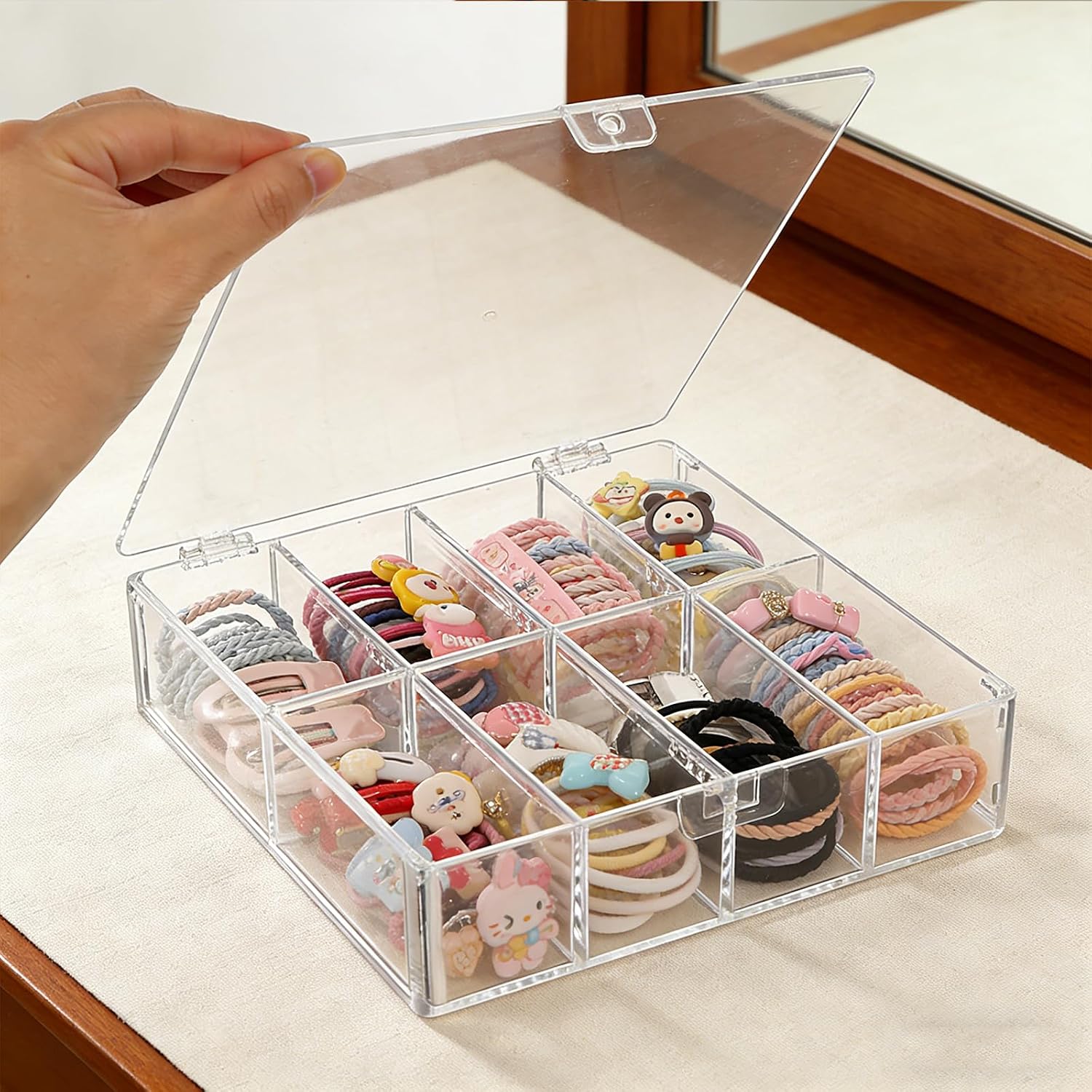 FMOACEN Acrylic Hair Accessories Organizer for Girls, 8-Compartment Clear Storage Box with Lid, cute hair tie holder for Hair Bows, Clips, Scrunchies, Bathroom Vanity & Bedroom Countertop