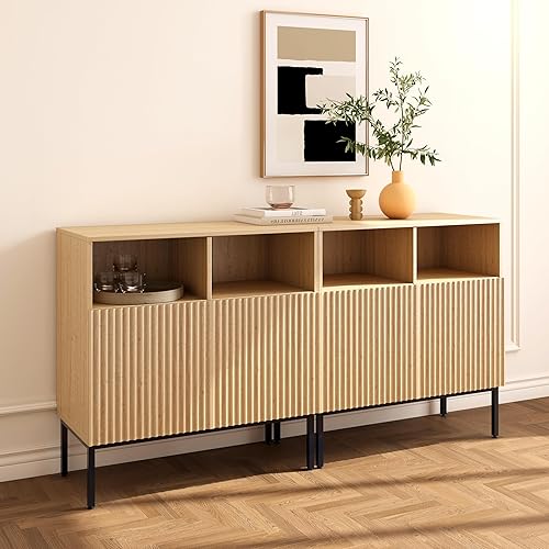 Juego de 2 armarios de almacenamiento estriados Oxford, aparador de buffet con puertas, consola decorativa para sala de estar, comedor, entrada,