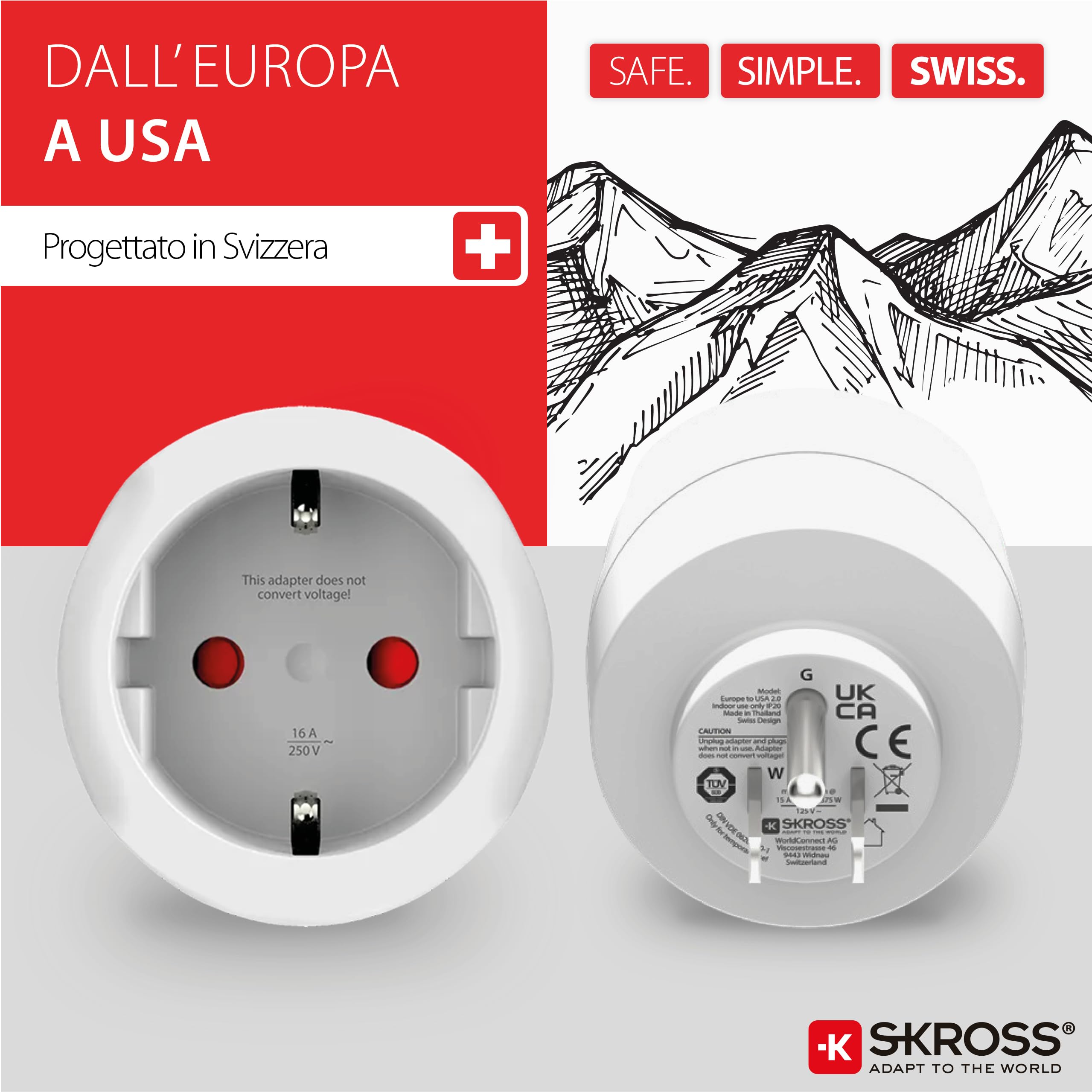 SKROSS | 1.500203-E | Europe to USA | Adattatore da Viaggio Internazionale - Entrata Presa Shuko o Europea, Uscita Spina USA - Tensione e Potenza 100V – 1500W / 250V – 3750W. Protezione Anti Scossa