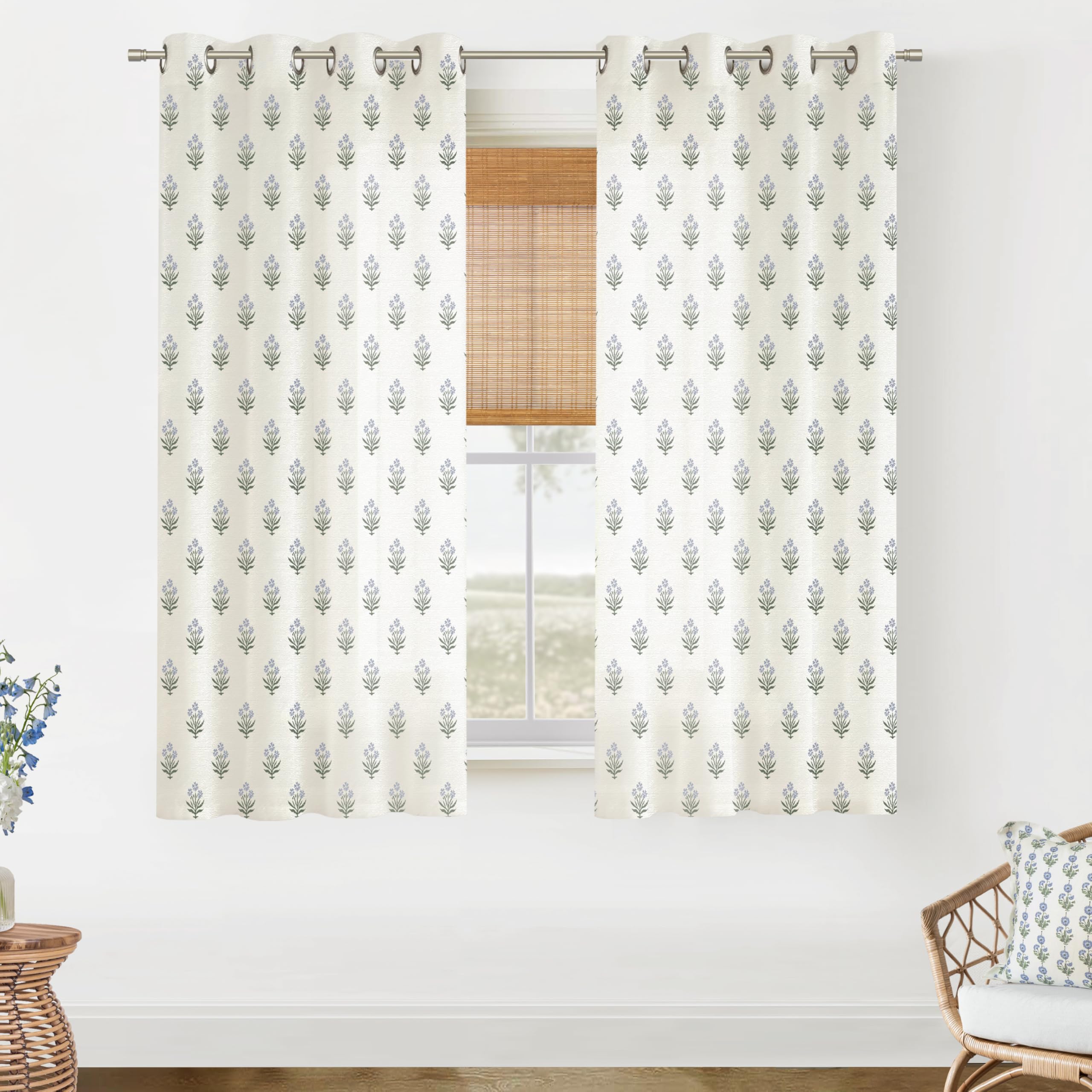 Lino Rosa 63 Inch Length Sheer Curtains for Living Room,Blue and Green Floral Window Curtain Drapes 63 Inches Long 2 Panels Set