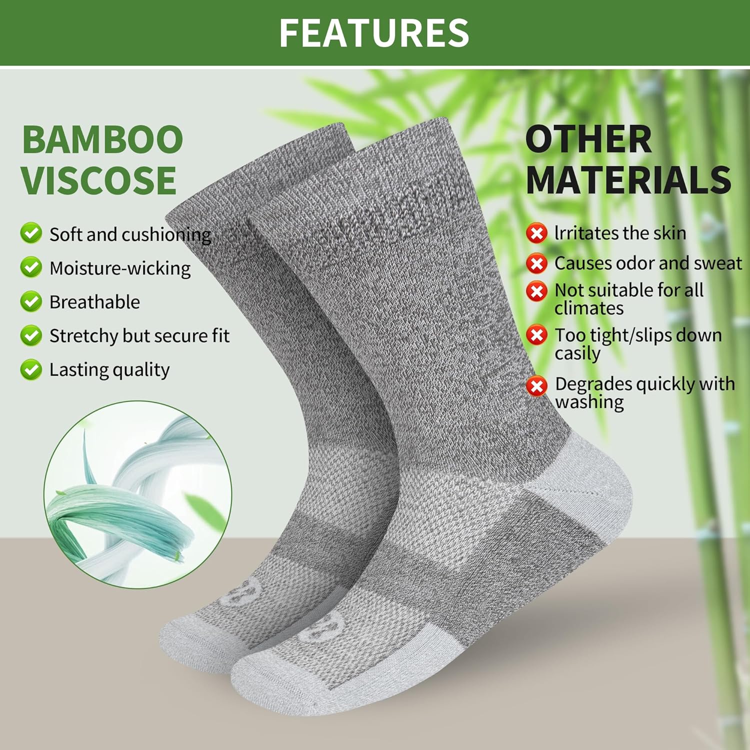 Diabetic Socks for Men,6 Pairs Bamboo Viscose No Binding Crew Diabetic Socks 9-12(Black+White+Dark Grey-Large) - Image 4