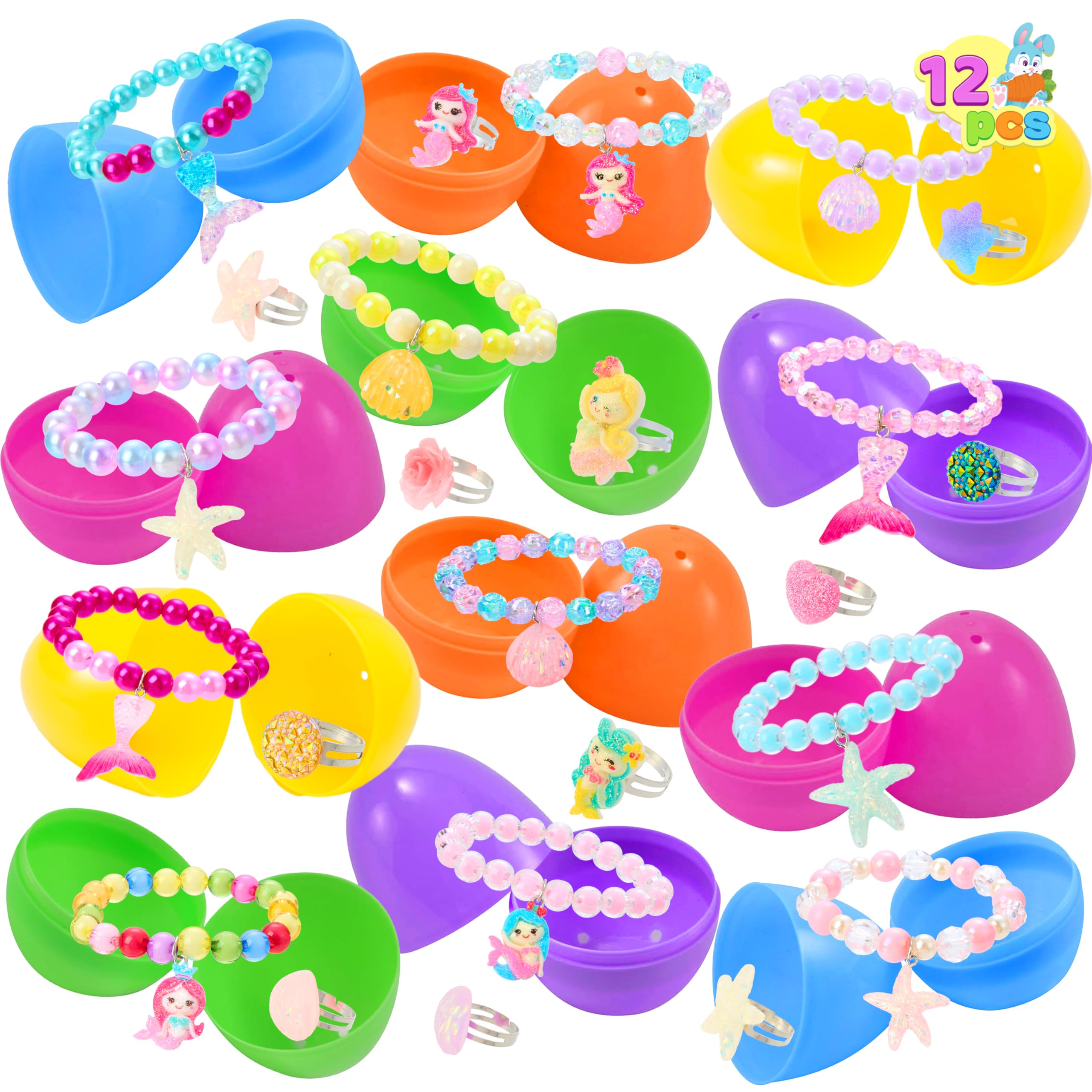 JOYIN 12 Pack Prefilled Easter Eggs with Different Designs of Beads Bracelets and Rings Inside, Jewelry Toys for Easter Basket Stuffers, Kids Egg Hunt, Girls Party Favors, Classroom Prizes Supplies