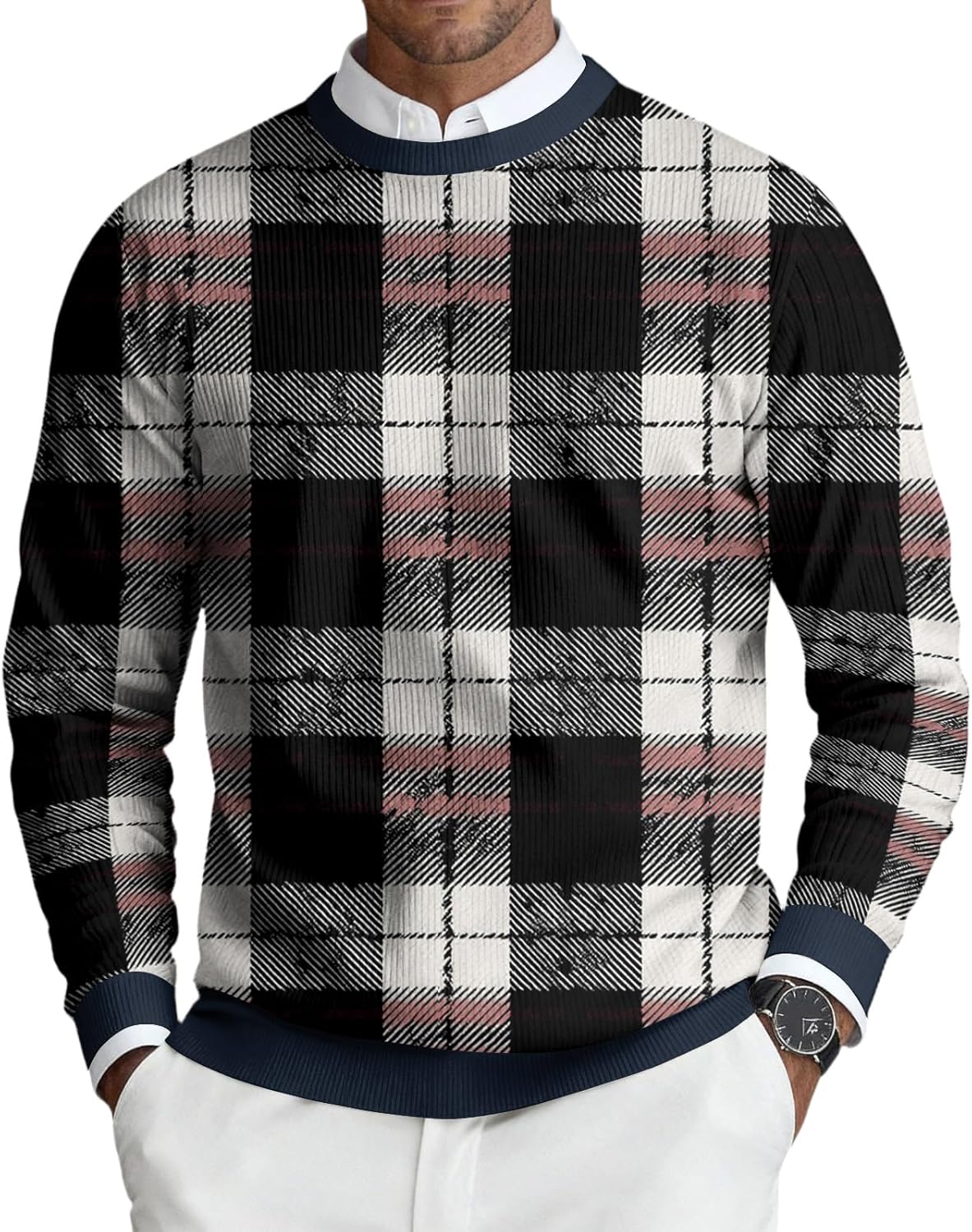 Ymosrh Men's Christmas Sweater Long Sleeve Crewneck Xmas Plaid Snowflakes Print Casual Holiday Knit Sweater, S-4XL