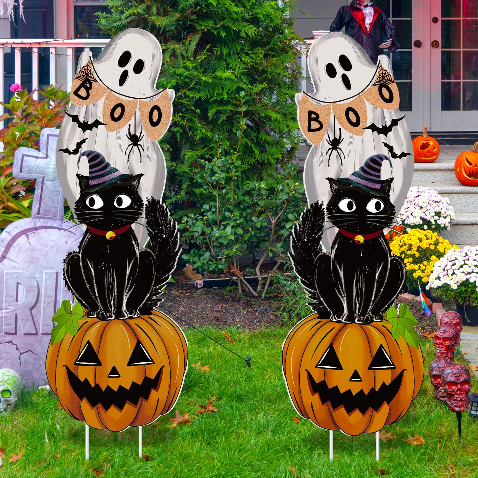 Jumbo Ghost W/ Pumpkin Jack O' Lantern Halloween Fence Peeker Decorative Sign 38" X 23