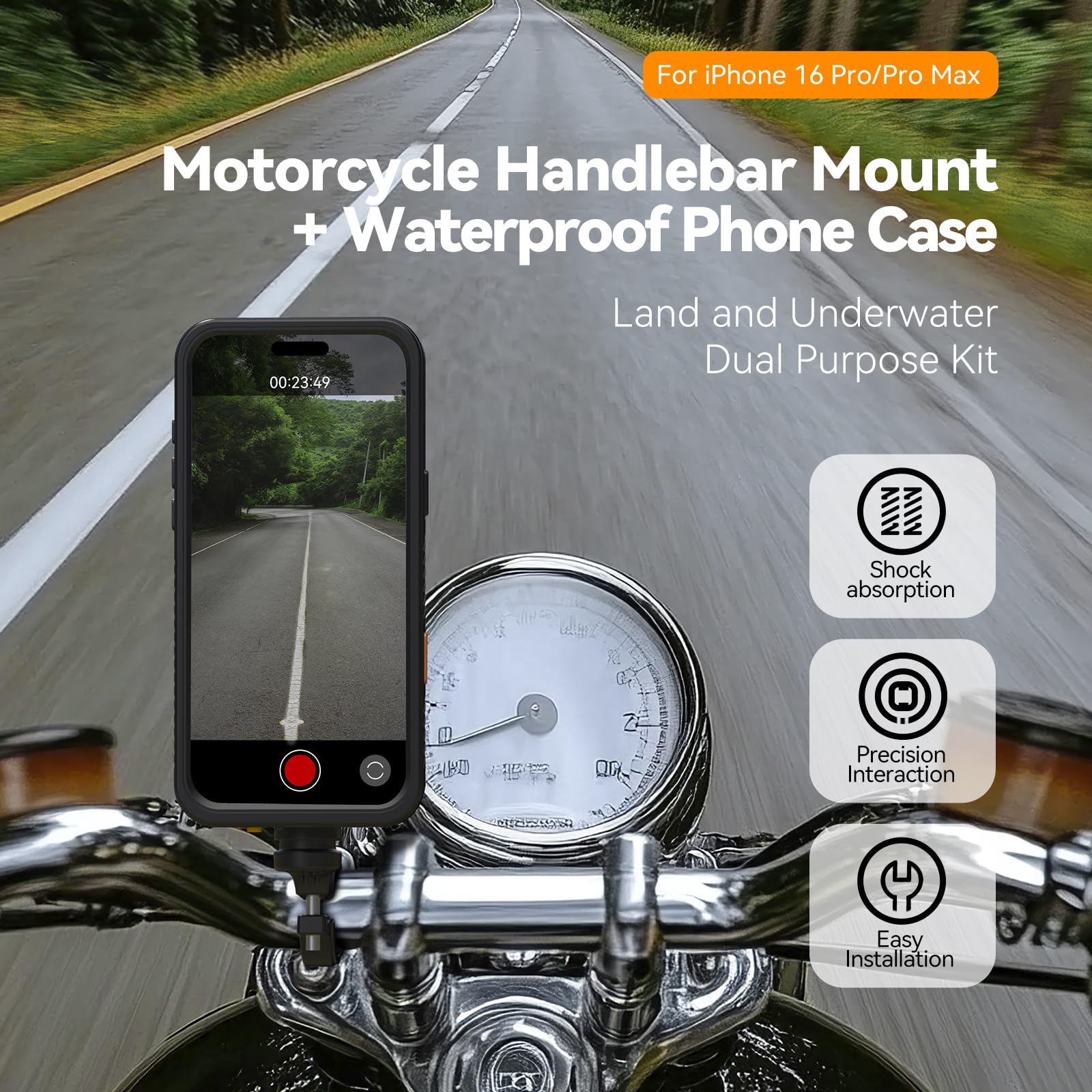 TELESIN ° Supporto per telefono da moto per iPhone 16 Pro, magnetico, con smorzatore di vibrazioni e fibbia in metallo [sblocco con un clic] con custodia magnetica per manubrio da 25 e 28 mm