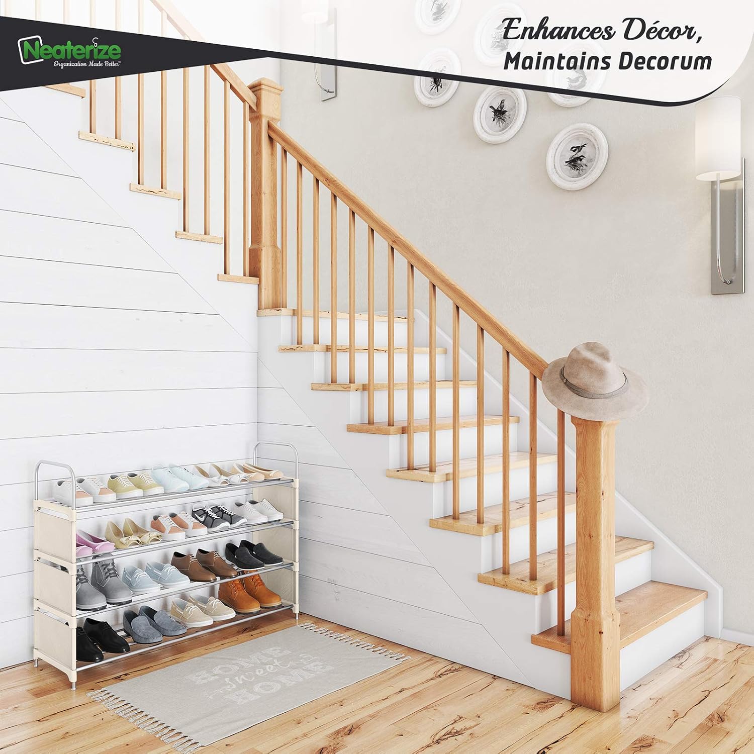 NEATERIZE 4 Tier Wide Shoe Rack | Stackable, Metal, Closet Shoe Organizer | Shoe Shelf Cabinet | Organizador De Zapatos | Shoe Rack For Closets, Entryway, Living Room And Bedroom (Beige)