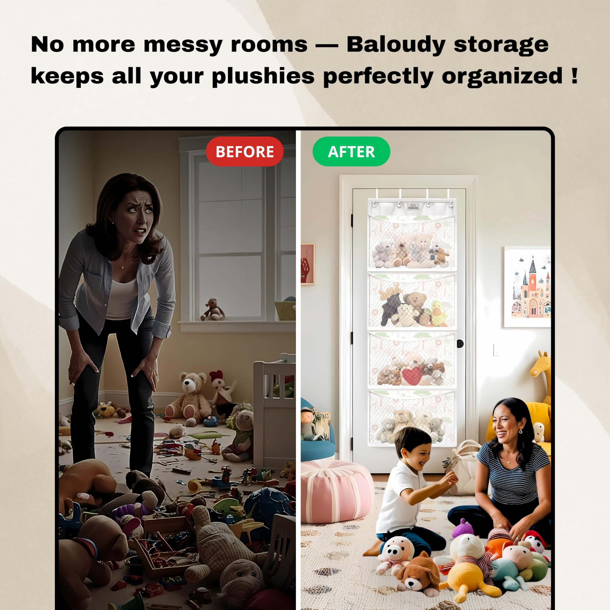 Stuffed Animal Storage – Over Door Toy Organizer for Plush, Stuffies & Soft Toys – Large Mesh Bag Hammock Hanging Storage for Girls, Boys, Toddlers, Baby Room (With animal patterns)