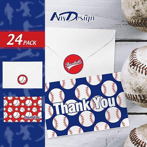 Miniatura 3 de AnyDesign Paquete de 36 tarjetas de agradecimiento de béisbol con sobres, 6 diseños rojos y azules, tarjetas de notas de agradecimiento deportivas