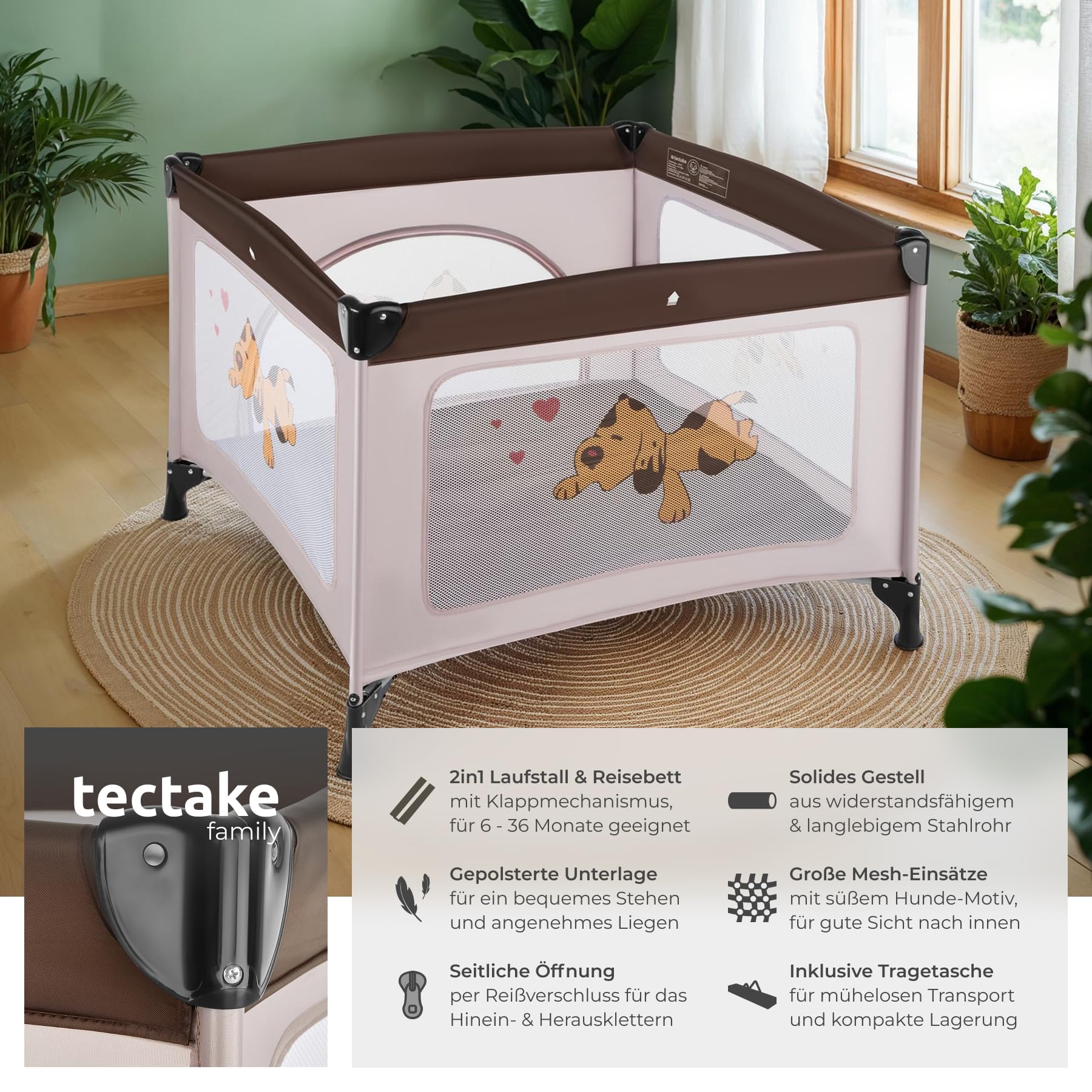 tectake® Laufstall Baby faltbar, Reisebett Kinder, Babybett und Laufgitter Baby in einem, Gitterbett und Playpen, Faltbarer Laufstall mit Matratze, Reisegitterbett - Braun Coffee