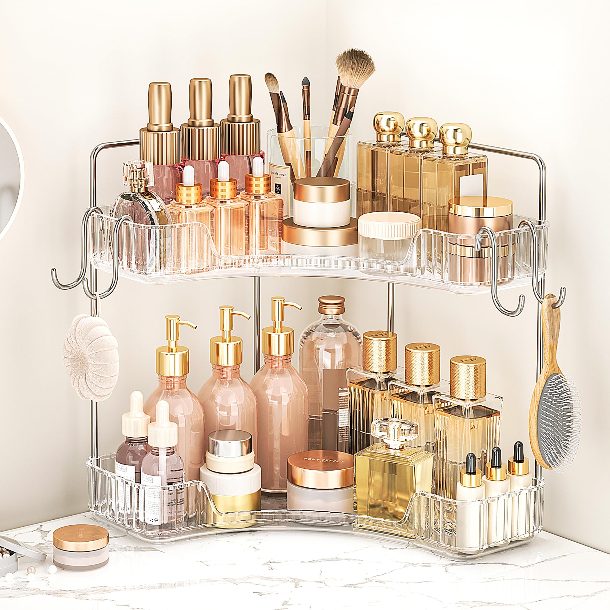 Corner Bathroom Counter Organizer 2 Tier Bathroom Organizers and Storage Countertop with Hooks Skin Care Exquisite Vanity Organizer