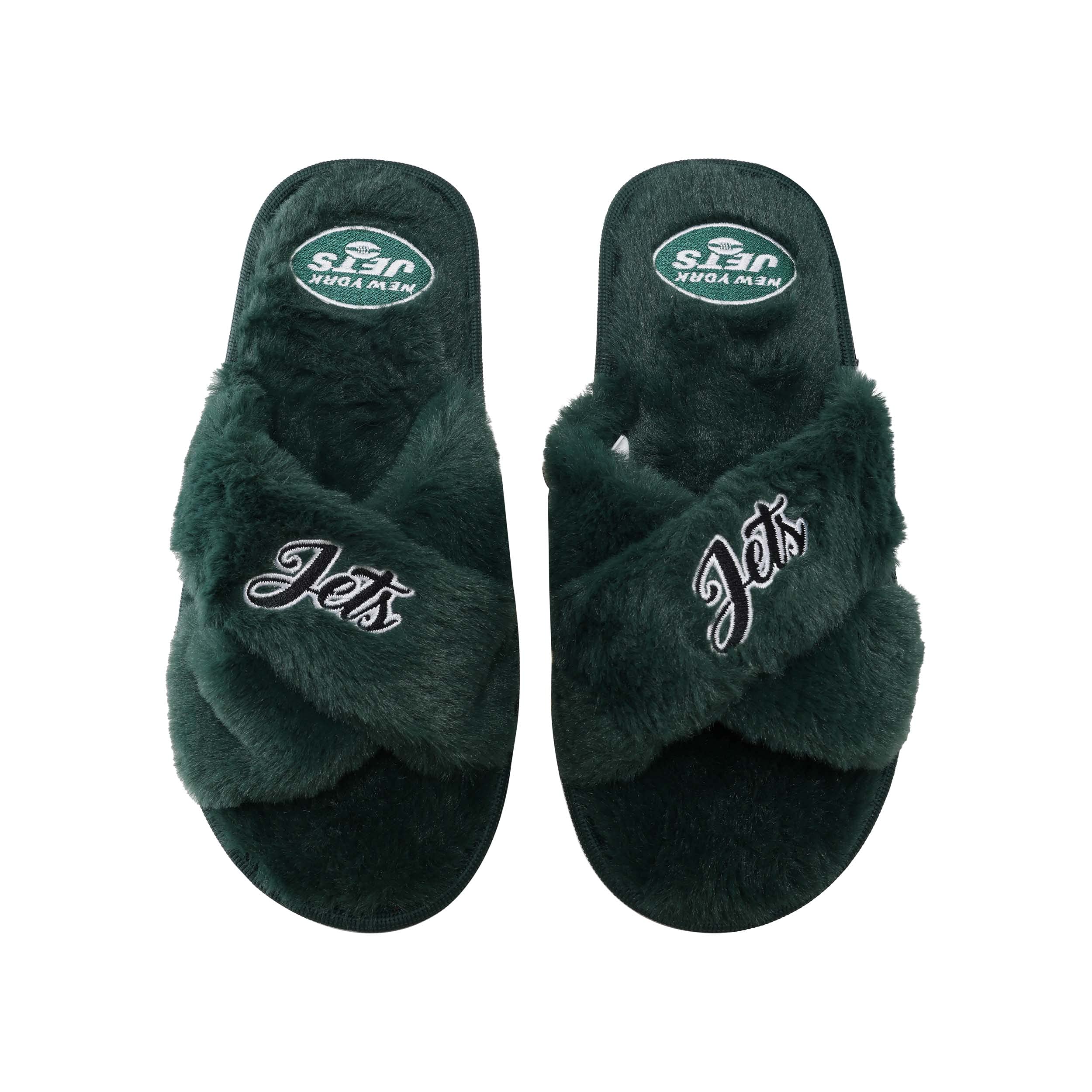 FOCO Womens NFL Team Script Wordmark Fuzzy Cross Slide Slippers