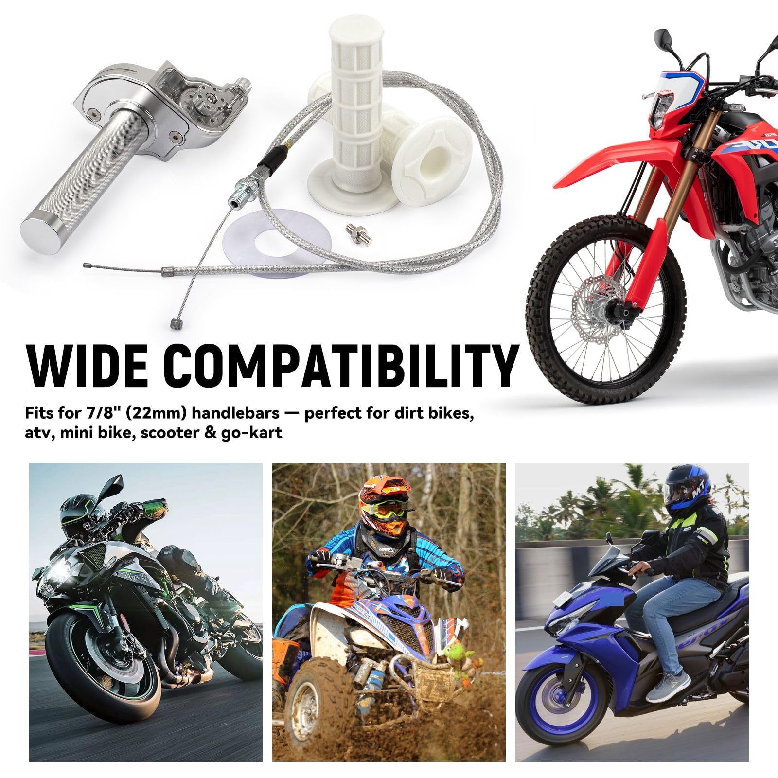 XINGWU Kit de acelerador universal de 7/8 pulgadas y 22 mm CNC de acción rápida con cable de acelerador para CRF KLX SSR TTR 50cc-250cc Dirt Pit Bike Mini Bike ATV motocicleta (plata)