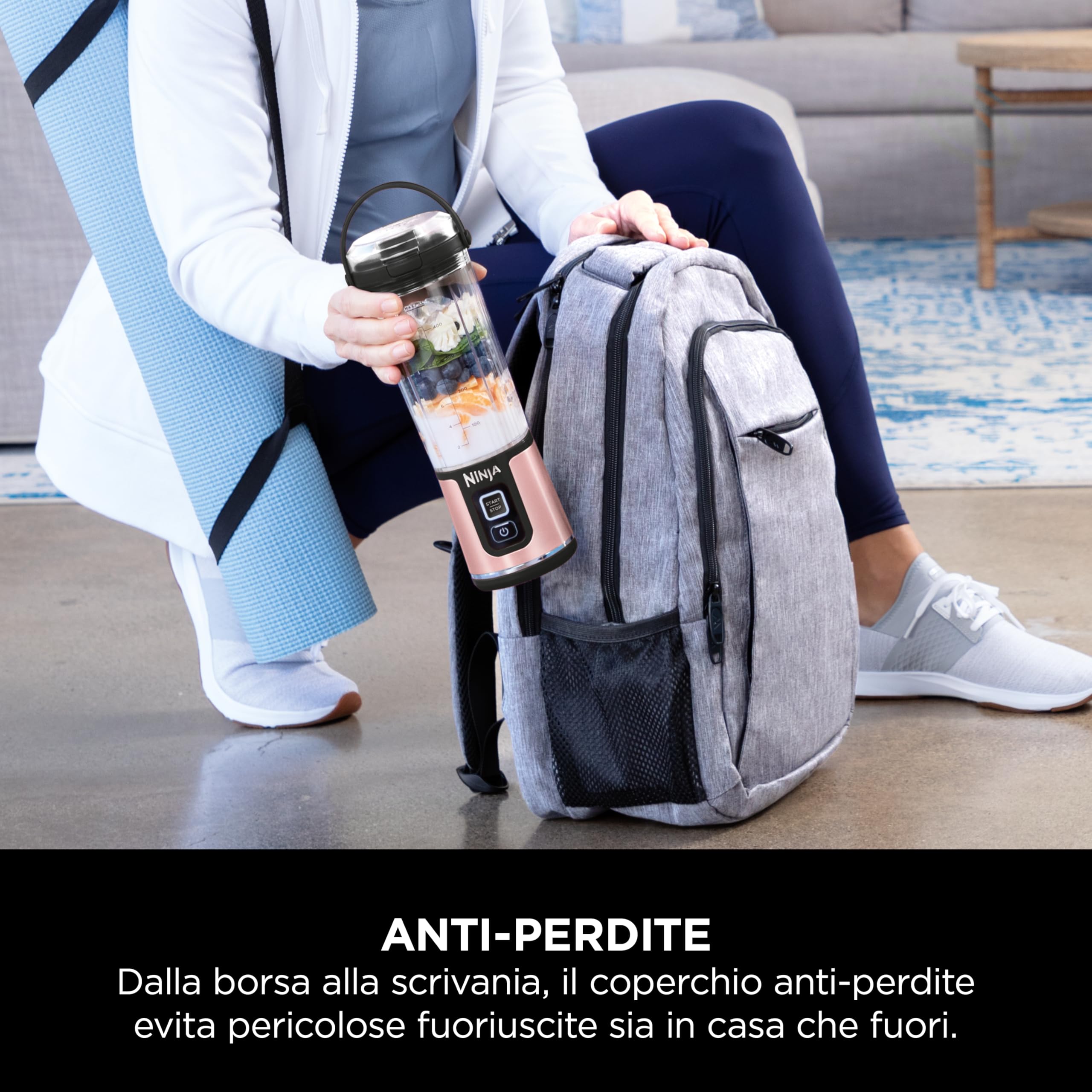 Ninja Blast Frullatore Portatile x2 530 ml, Coperchio Antiperdite e Beccuccio, Senza Filo, Ricaricabile, Frullati Proteici, Frulla Ghiaccio e Frutta congelata, Oro Rosa, Argento Metallico, BC151UKEUGV