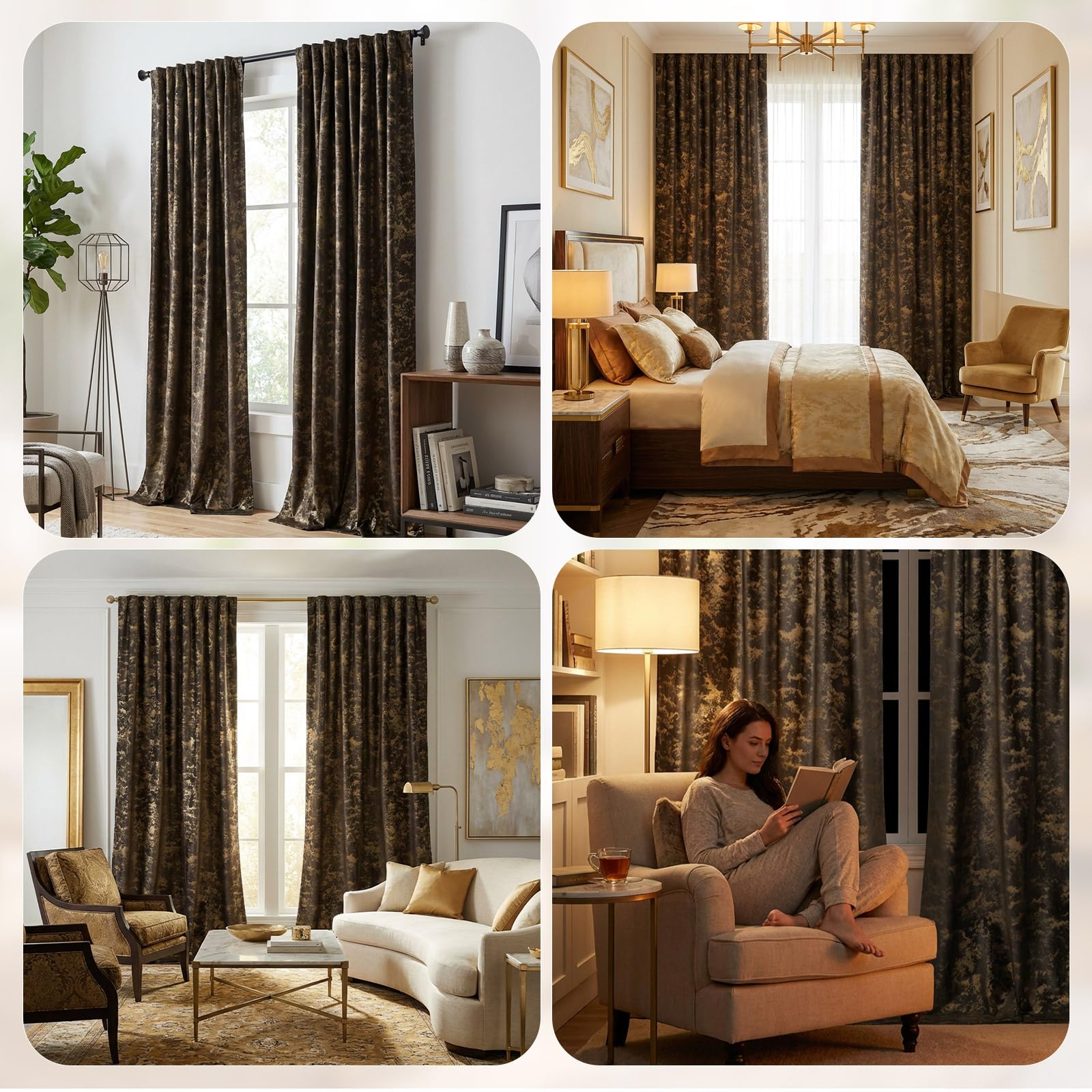 Samtvorhang Kräuselband 2er set, Luxus Vorhänge Verdunkelung Samt, Velvet Gardinen Blickdicht Curtains mit Goldfolie Blätter Muster, Thermovorhang Wohnzimmer Schlafzimmer(H274xB132CM, Braun)