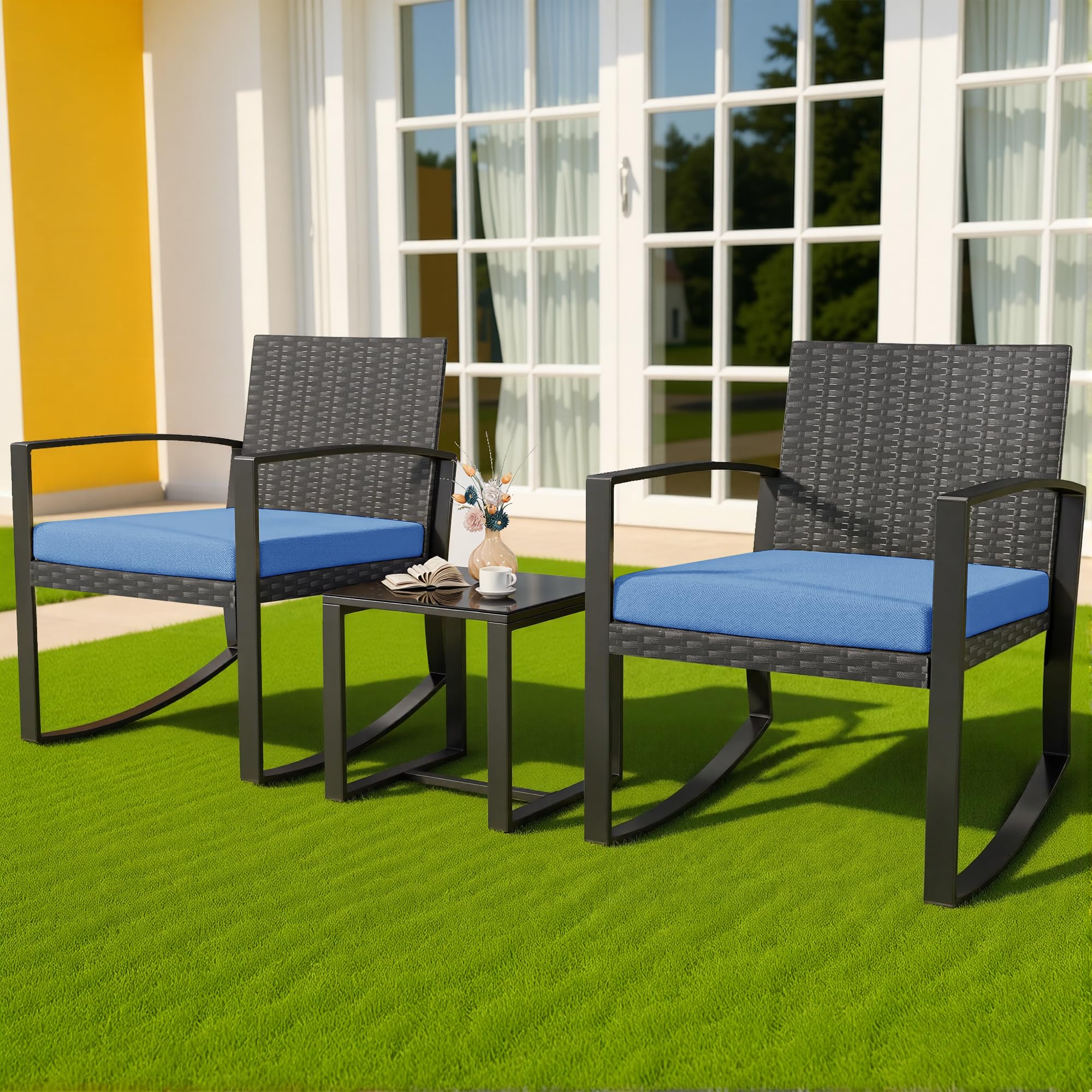 Set di Mobili da Balcone,Set Tavolino e Sedie da Giardino,Set di Mobili da Giardino in Rattan,2 Sedie da Esterno e 1 Tavolino,per Giardino Cortile Piscina (Blu)