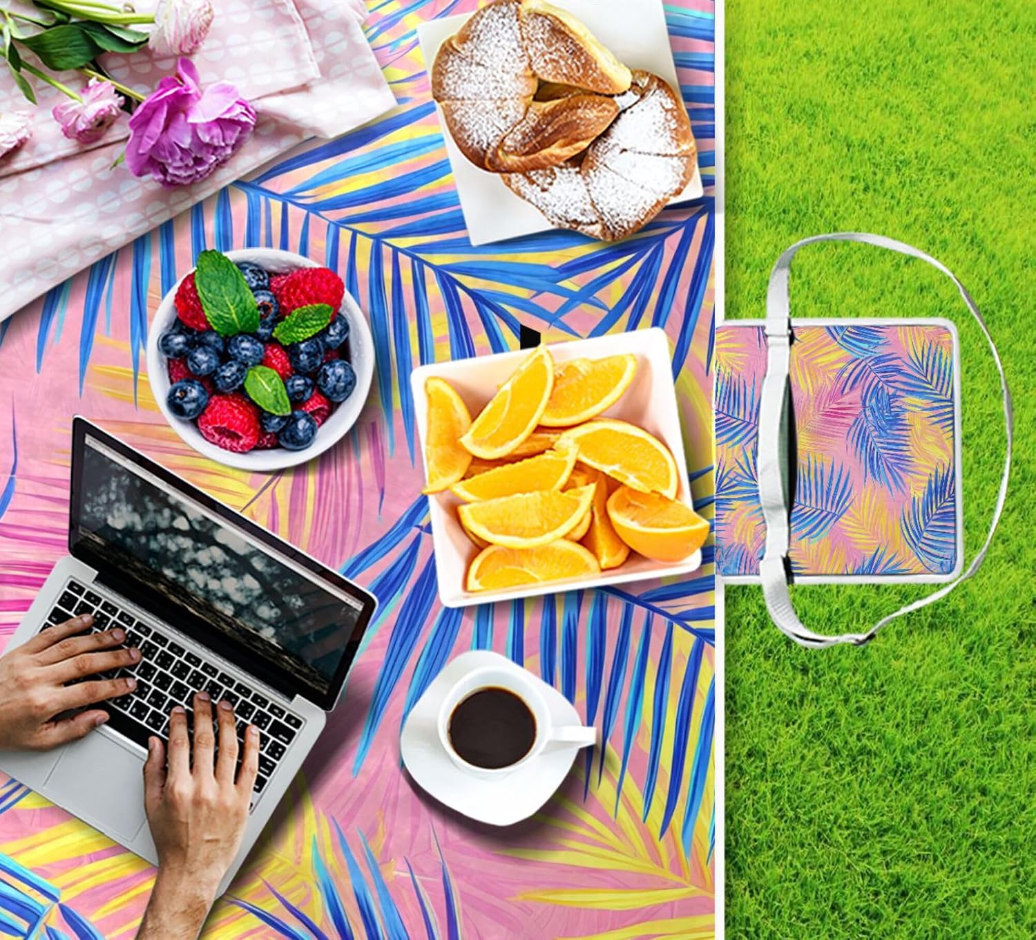 MNSRUU Picnic Blanket Waterproof Foldable, Palm Tree Large Outdoor Picnic Blanket Beach Blankets Camping Blanket Travel Mat, Shoulder Strap Tote, Rectangle 57x59in