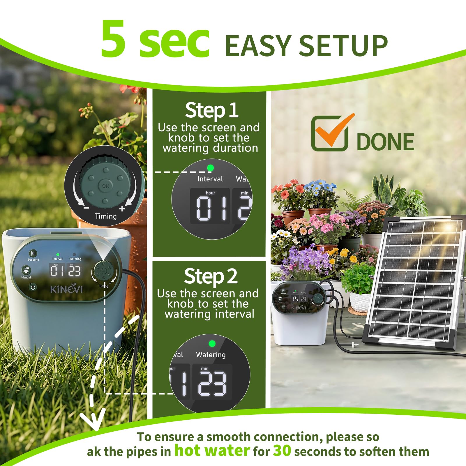 Sistema de riego solar de 8 W para jardín, riego automático con temporizador de 22 modos, manguera de 30 m y 30 chorros de goteo, juego de riego por goteo para balcón, bancal, invernadero y plantas en