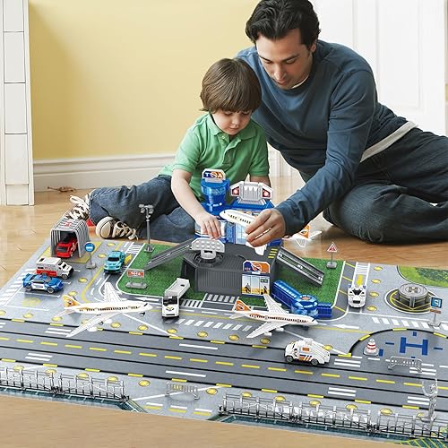 Miniatura 6 de WASAiKA Juego de aeropuerto, juguetes de avión para niños pequeños con tapete de juego de actividades para niños, helicóptero de 2 aviones,