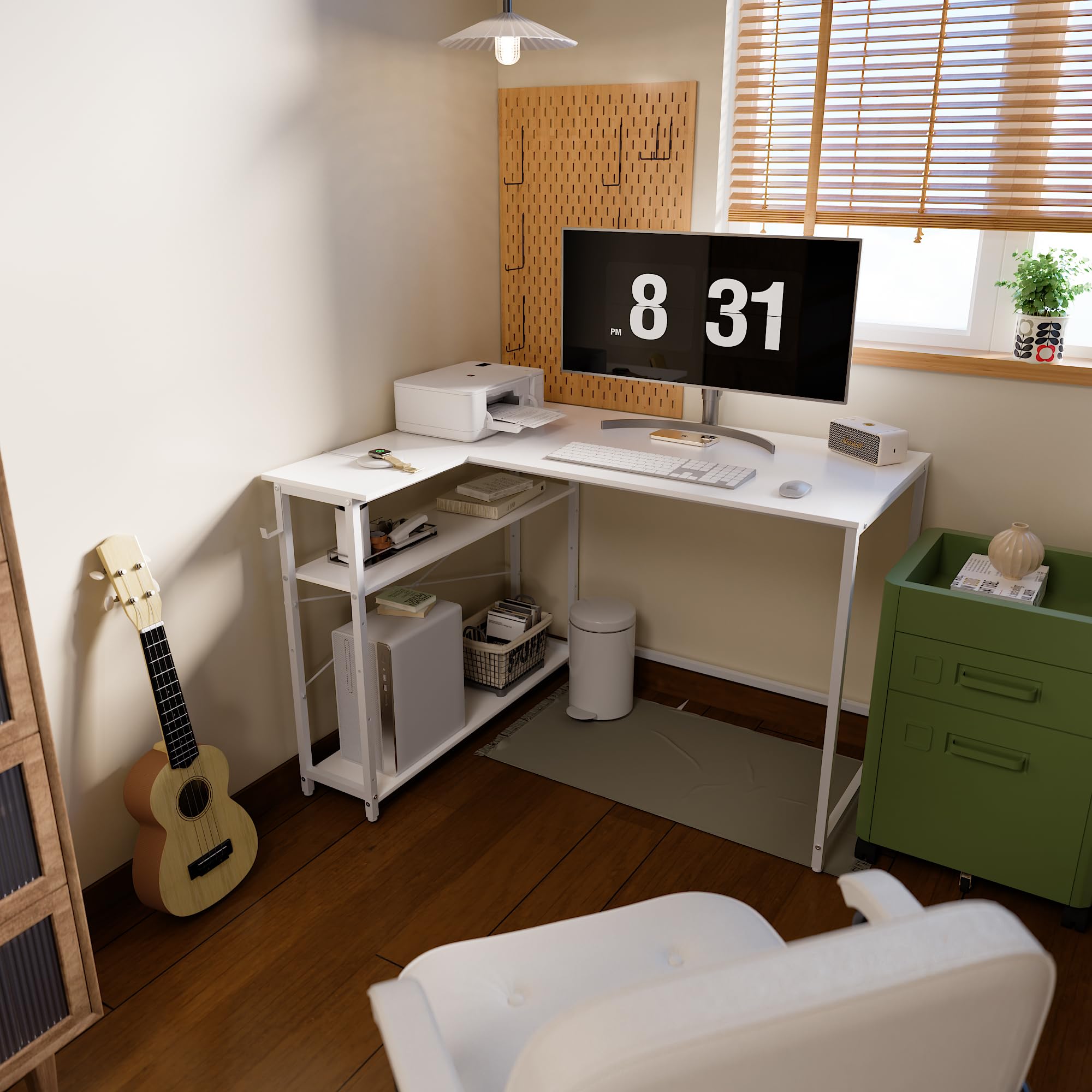 PAMRAY Scrivania PC a Forma di L 109 cm, Scrivania ad Angolo con Ripiani Laterali Reversibili, Scrittoio Salvaspazio per Camera da Letto o Piccolo Ufficio, Gaming Desk, Bianca