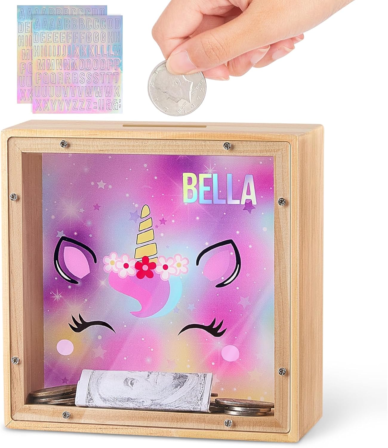 MHJY Money Box for Kids, Wooden Piggy Banks for Girls Boys Unicorn