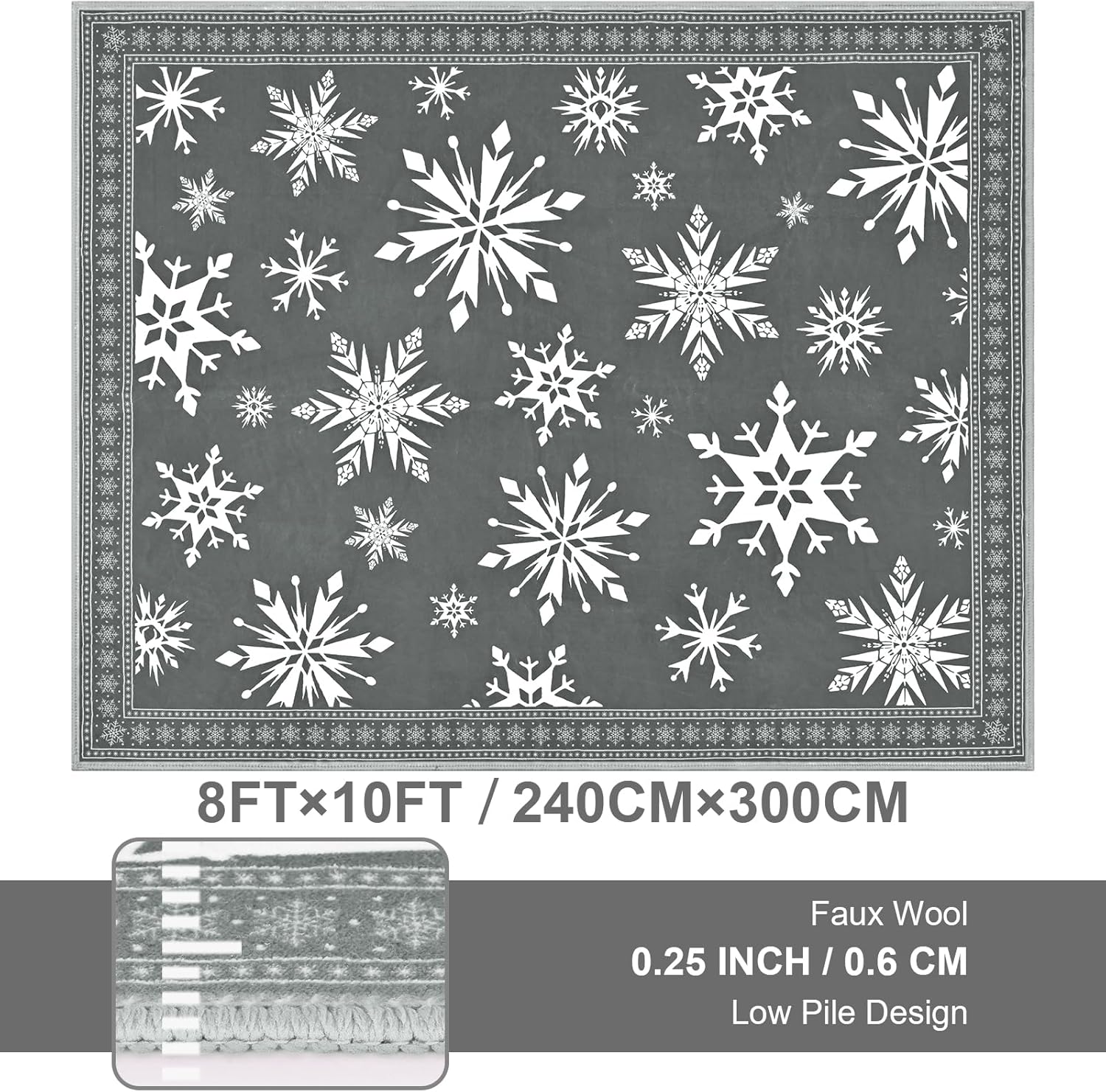 ASPMIZ Christmas Area Rugs 8x10 Living Room Rug, Snowflake Rugs for Bedroom, Grey Washable Rug Gray Low Pile, Non Slip Carpet Soft Faux Wool Throw Carpet for Entryway, Office, Nursery, Grey