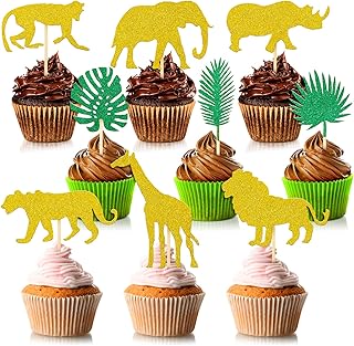 48 Pieces Glitter Safari Jungle Animal Cupcake Toppers Artificial Palm Leaves Cupcake Topper Animal Cupcake Decorations fo...