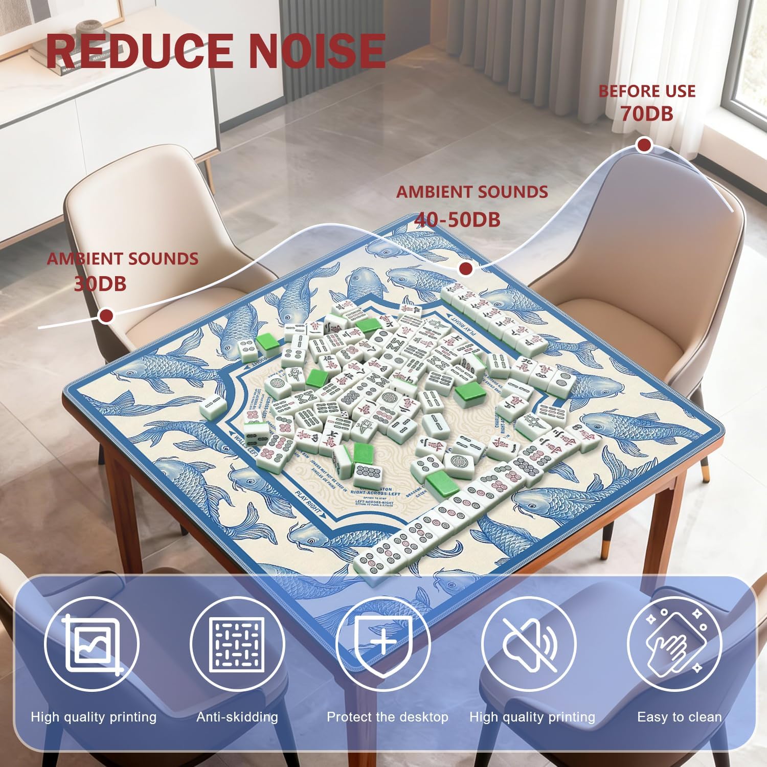 Navy Blue Chinoiserie Koi Fish Mahjong Mat for Table 31.5 x 31.5 in, Vintage Blue and White Asian Oriental Non-Slip Noise Reduction Game Table Cover for American Mahjong Card Board Tile Games