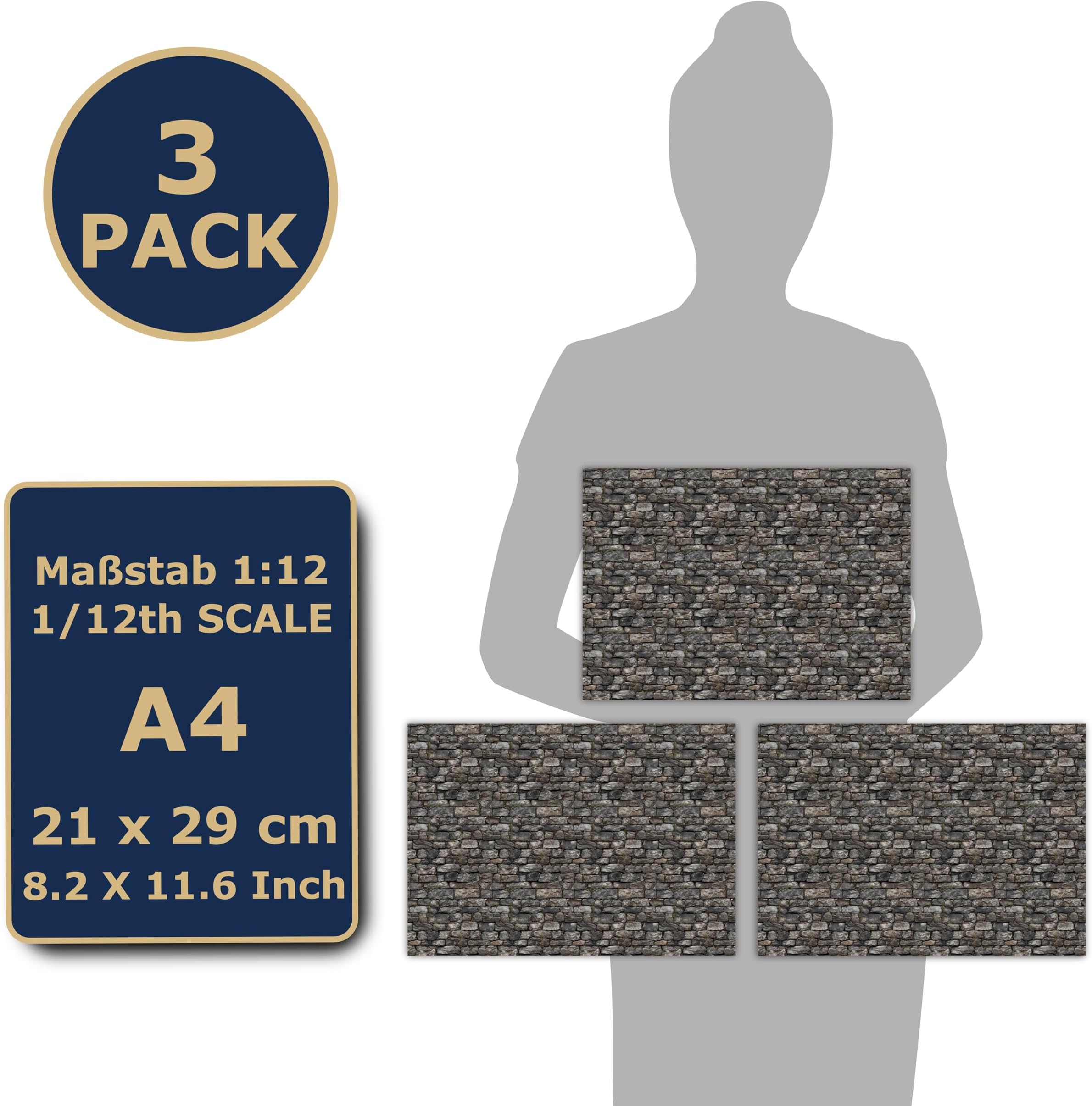 3 Sheets Self-Adhesive Wall Cladding for Dollhouse 1:12 Scale (Cottage)