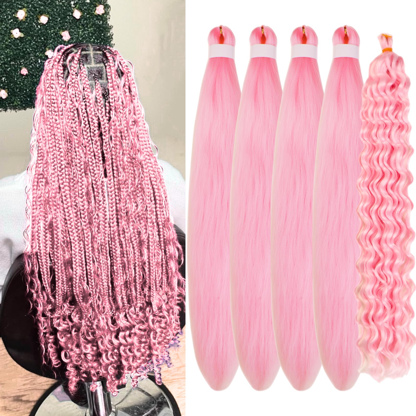 Gozill Braiding Hair Pre stretched Pink Boho Curly Deep Wave Crochet Braids Boho Prestretched Hypoallergenic Braiding Hair Ez Braid Micro Knotless