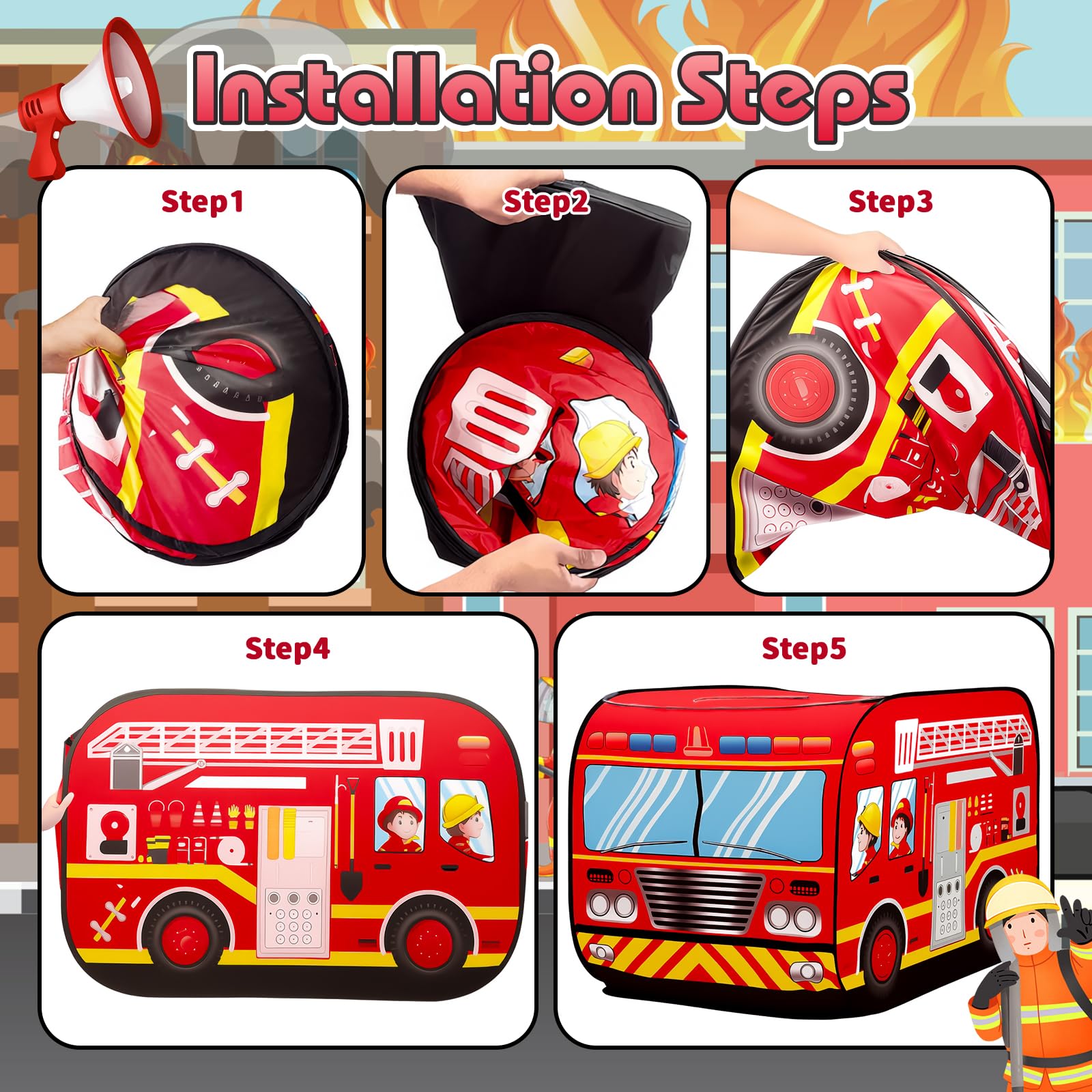 deAO Tente de Jeu pour Enfants Tente Jeux Conception Pop-Up Assemblage Rapide Activités Récréatives Intérieures et Extérieures Aire de Loisirs (Pompiers)